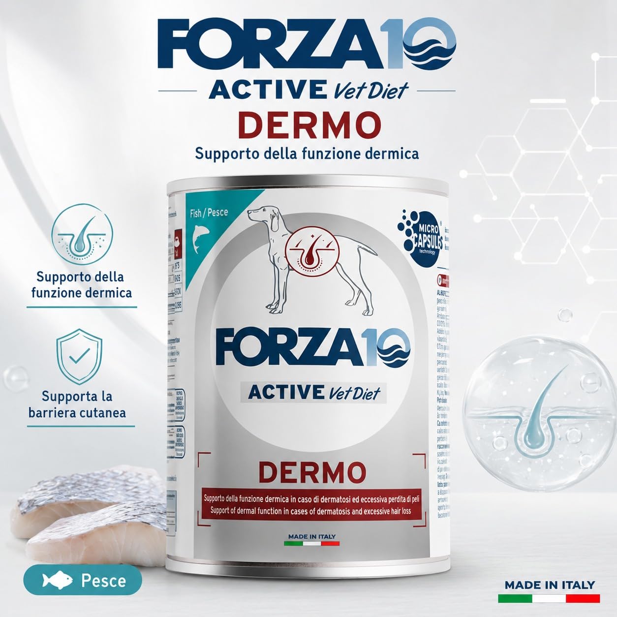 Dermo Pesce– Forza10 Diet Cibo Umido per Cani Adulti di tutte le Taglie e Razze, Monoproteico,Supporto della funzione dermica, 6 Lattine x 400g, Alimento Completo.