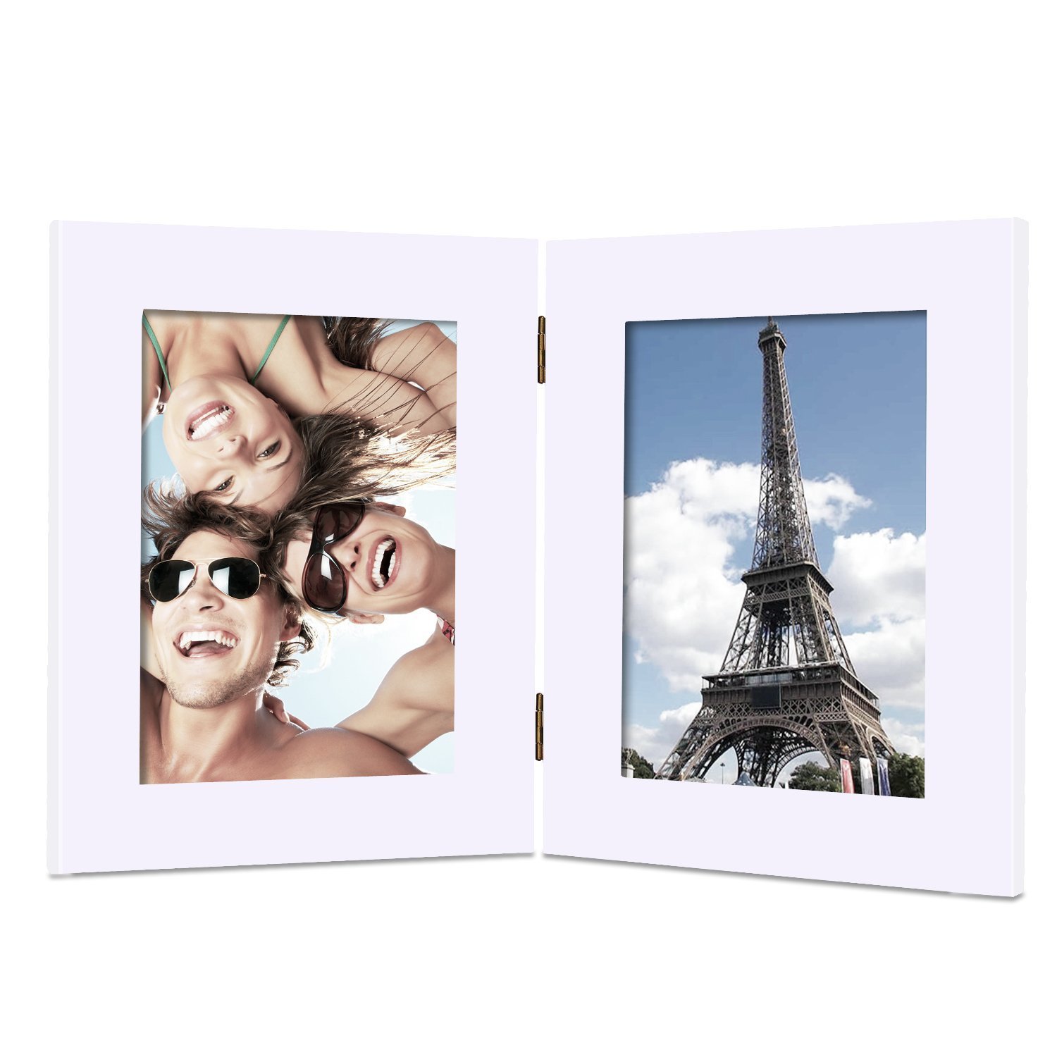 Adeco2-Vertical Portrait Opening Decorative White Wood Hinged Table Desk Top Photo Frame, 5 by 7"