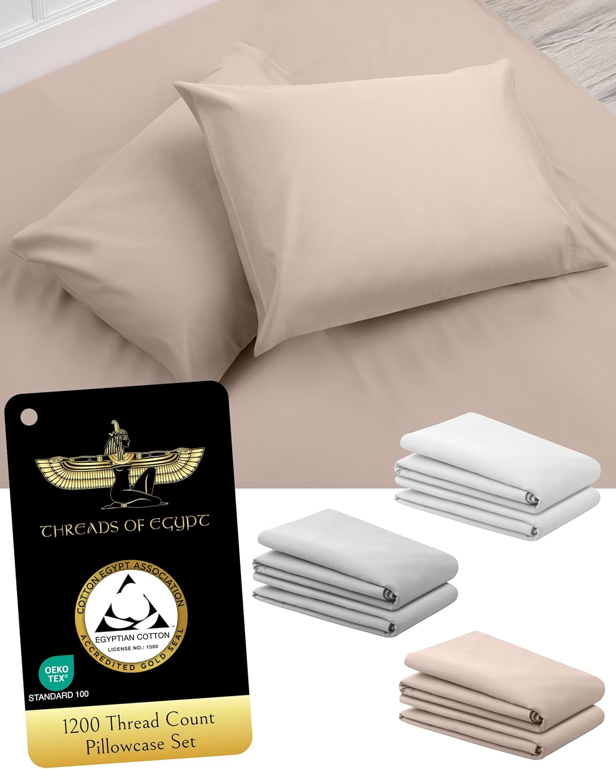 100% Egyptian Cotton Pillowcase Set | 1200 Thread Count | CEA Gold Seal Certified | Ultra Soft | Cooling for Hot Sleepers | Set of 2 Pillowcases | Standard Size [Dune]