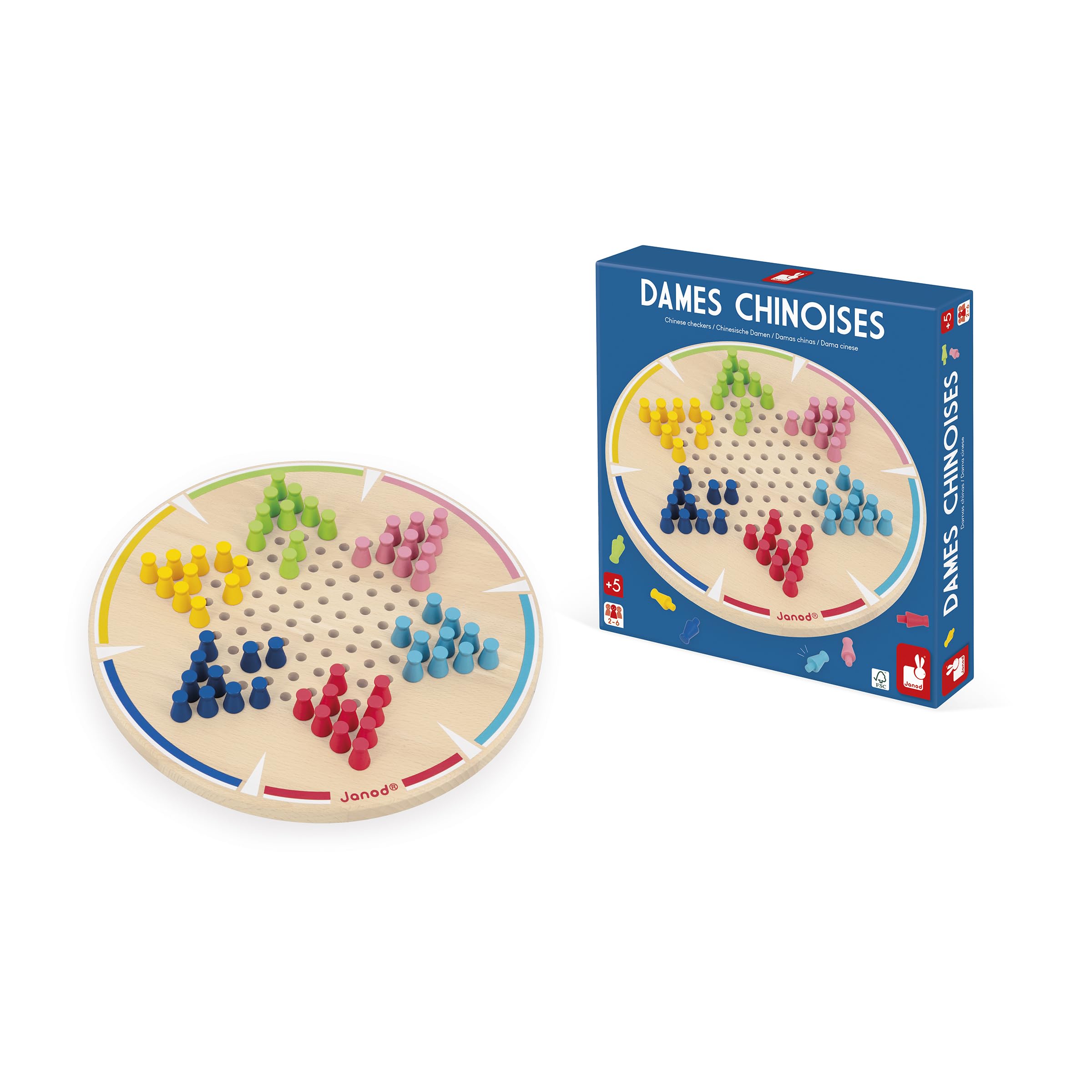 Janod - Mes Premières Dames Chinoises - 1 Plateau en Bois + 60 Pions Colorés - 2 à 6 Joueurs - Jeu de Société Classique pour Enfant Dès 5 Ans