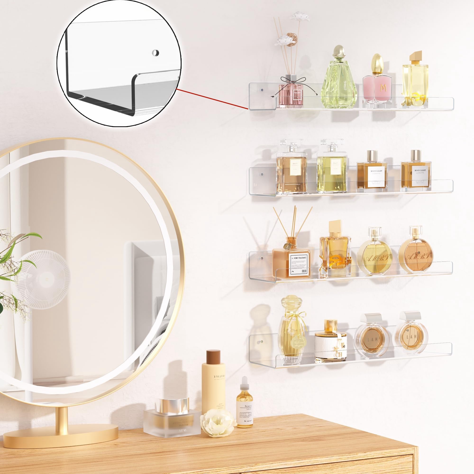 Eidoct 4 Pack Floating Shelves, 15" Transparent Acrylic, Minimalist Style, Wall Mounted, 4 Shelves, Glossy Finish - Image 3