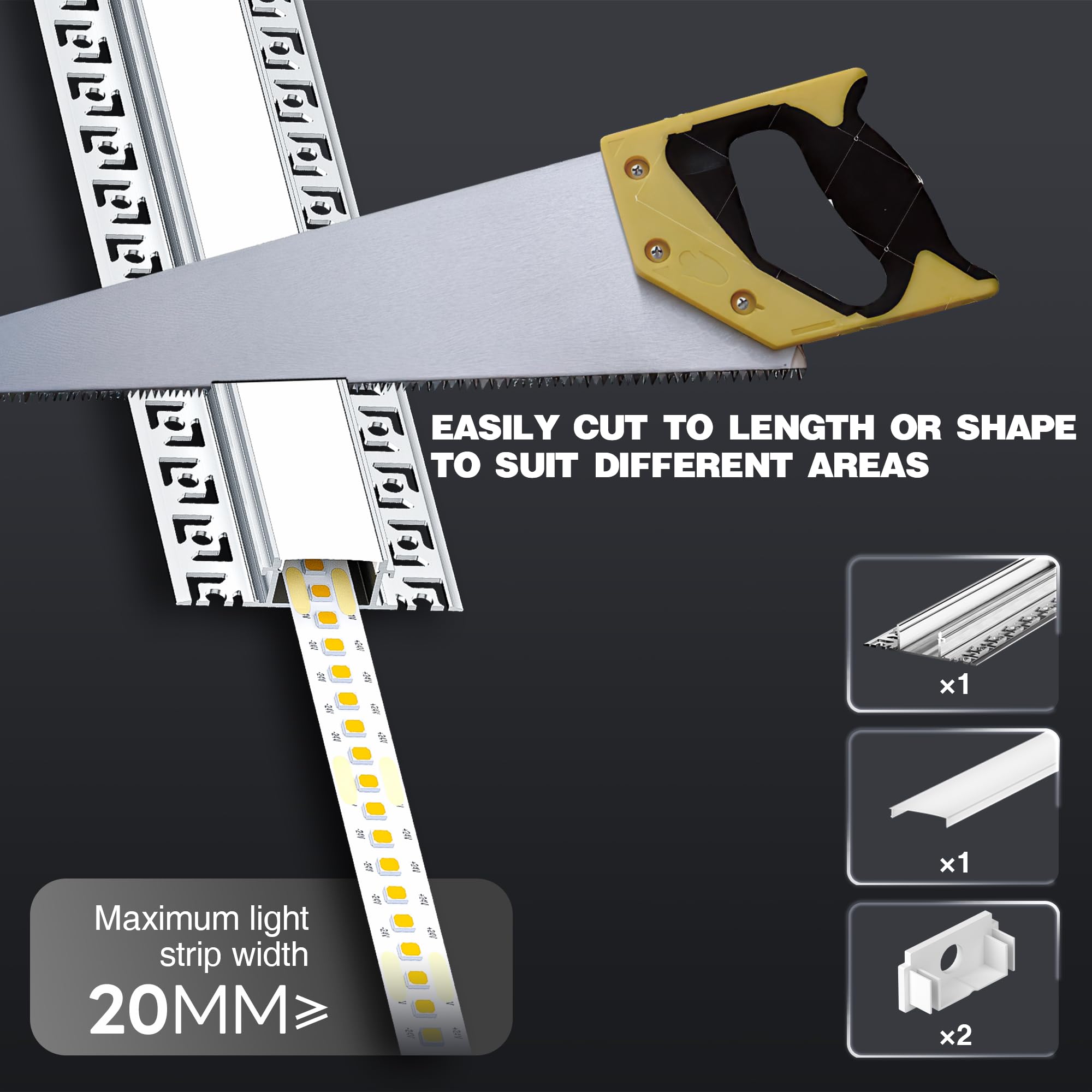 Shine Plus Profil do zabudowy LED 15 x 2m, profil aluminiowy do taśmy, szyny, dyfuzor bagietki osłonowej, maksymalna szerokość 20 mm (15 × 2 metr)