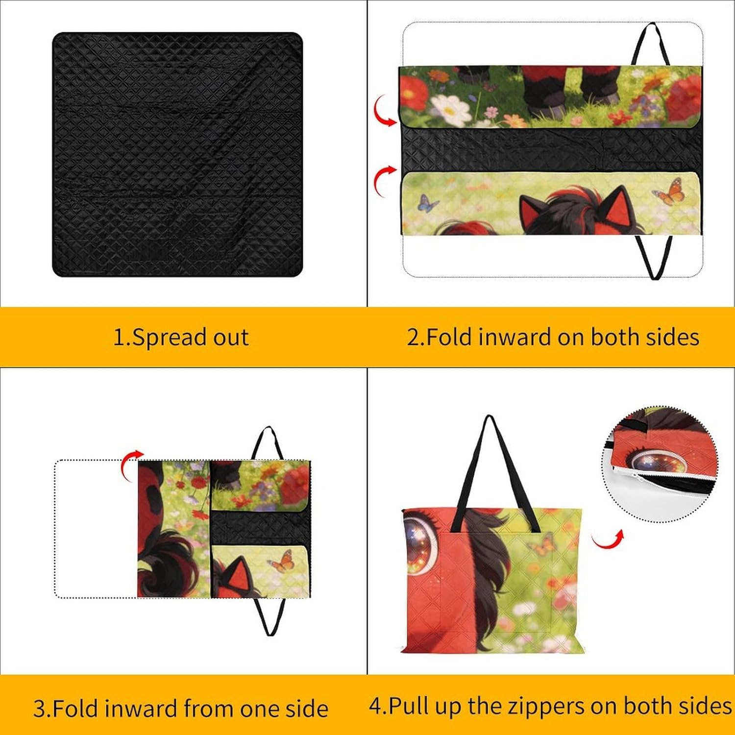 Red Black Horse Picnic Blanket with Zipper Water Resistant Sand Free Picnic Mat Washable Foldable Easy Carry Beach Blanket for Lawn Beach Hiking Camping