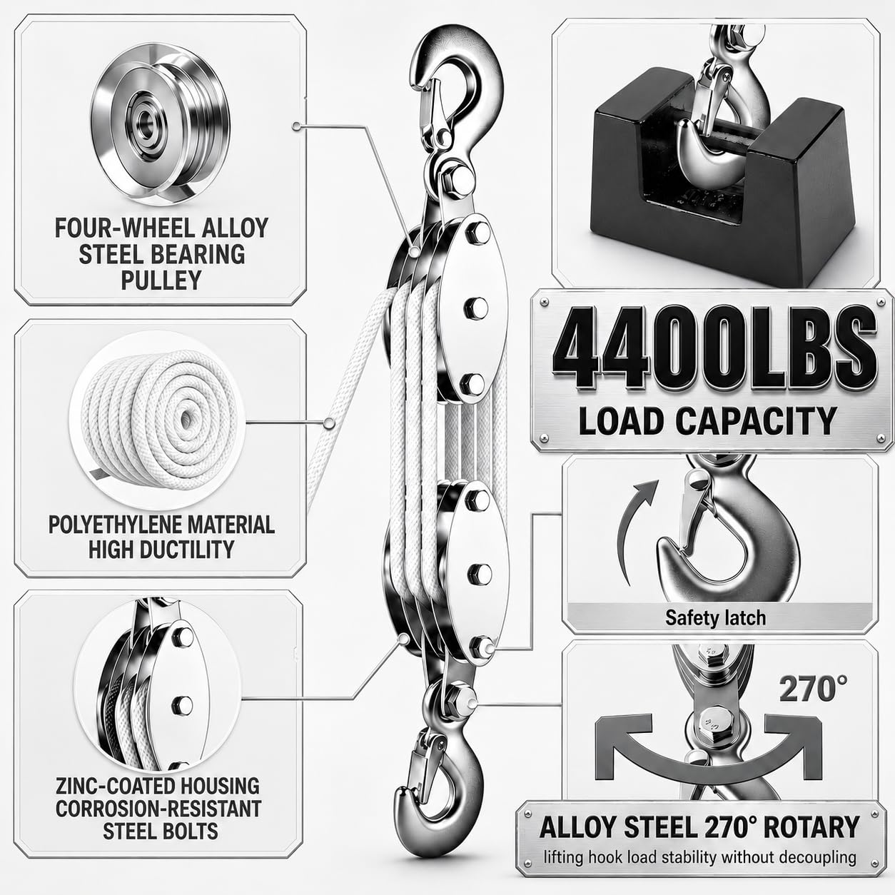 Polea de carga pesada 4400 LB con cuerda de nailon (blanco)