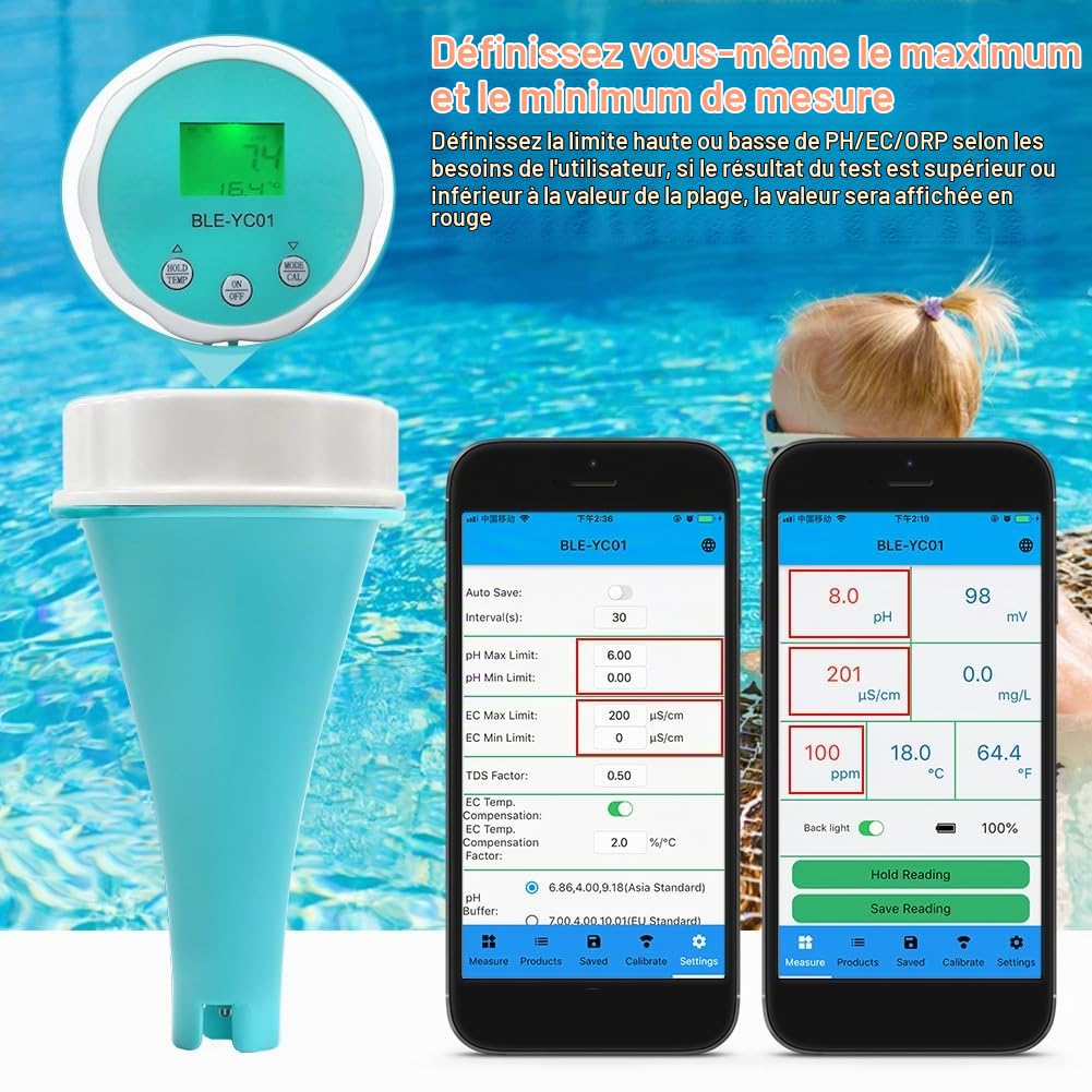 Moniteur de piscine Bluetooth 6 en 1 Testeur de qualité d'eau de piscine intelligent Chlore de température numérique, thermomètre de piscine, température PH CL EC TDS ORP pour piscine, aquarium