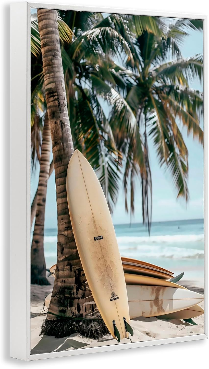 Stupell Industries Stacked Surfboards & Palm Tree White Framed Giclee Art, design by LSR Design Studio, 18 x 12 | Stupell Industries | White, 12 x 18 Inches, Easy to Hang and Sturdy, Made in USA, by LSR Design Studio