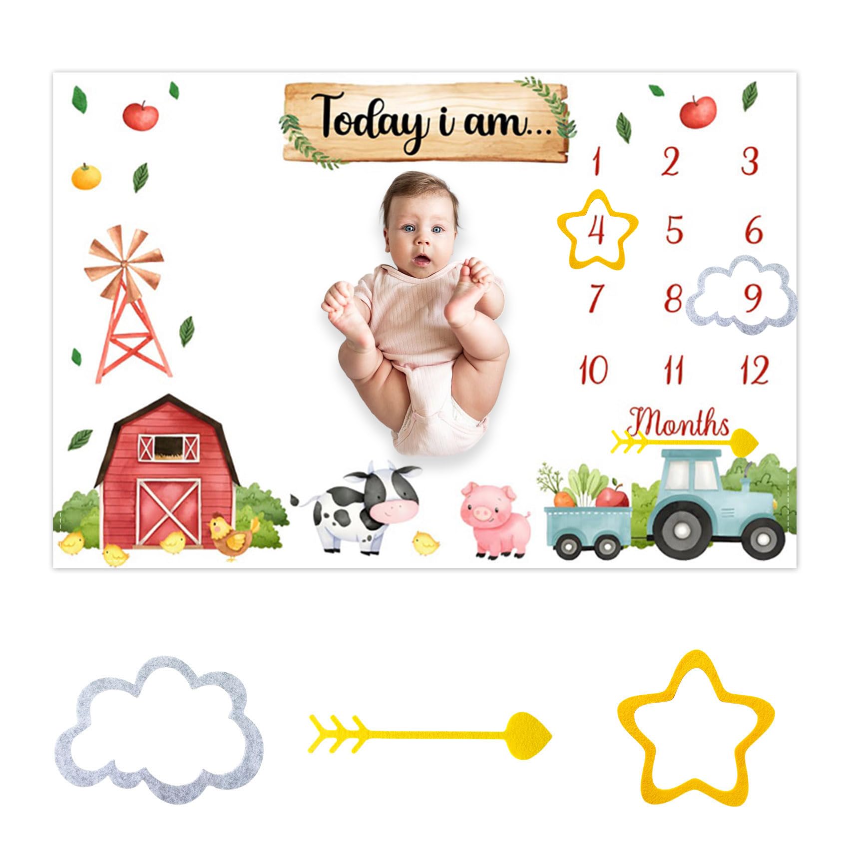 CSFOTO Farm Baby Monthly Milestone Blanket Farm Animal Truck Barn Photography Background Newborn Growth Record Prop Blanket 60 "x40 with Frames