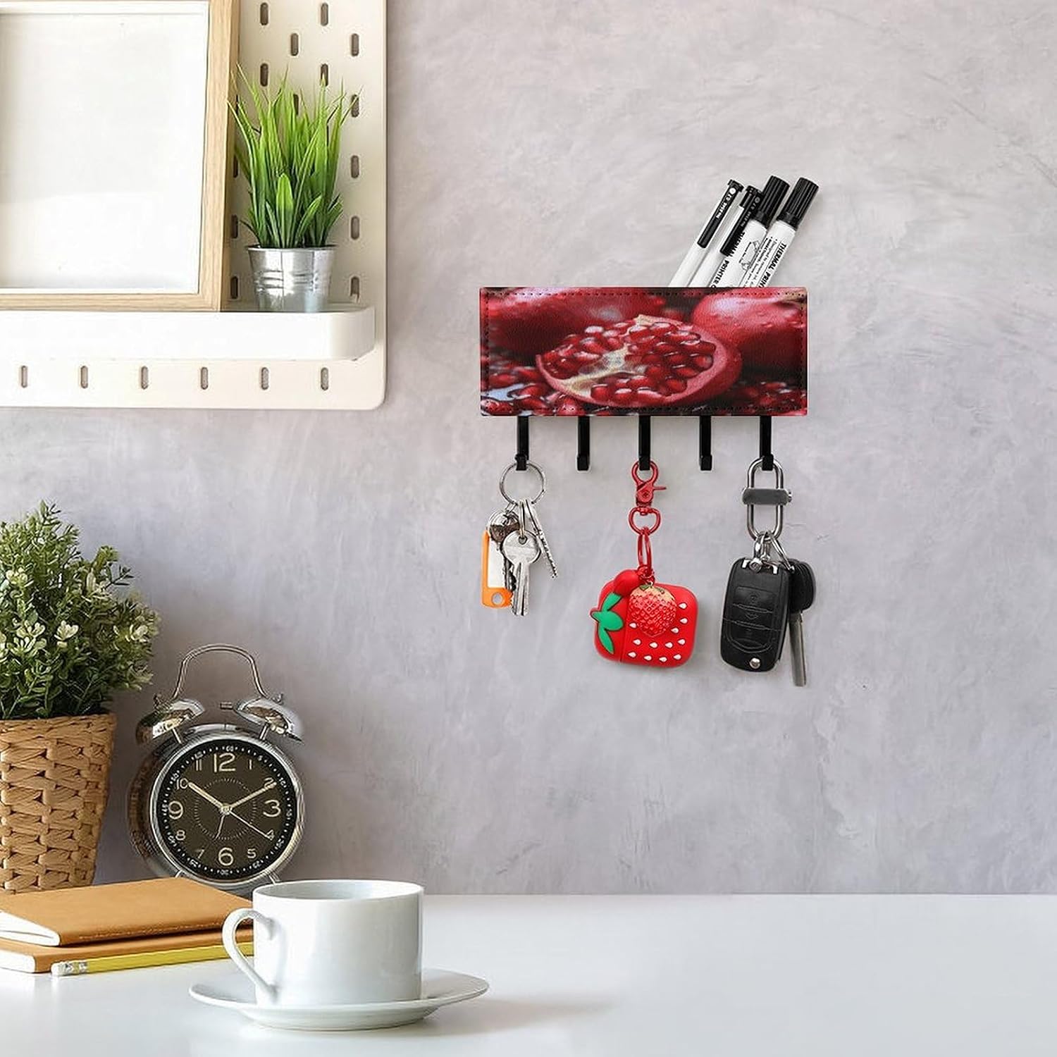 PU Leather Key Holder Wall Mount Key Organizer, Decorative Adhesive Key Rack with 5 Key Hooks, Fashion Pomegranate Fruit Key Hanger Decor for Entryway Door Bathroom Kitchen Hallway