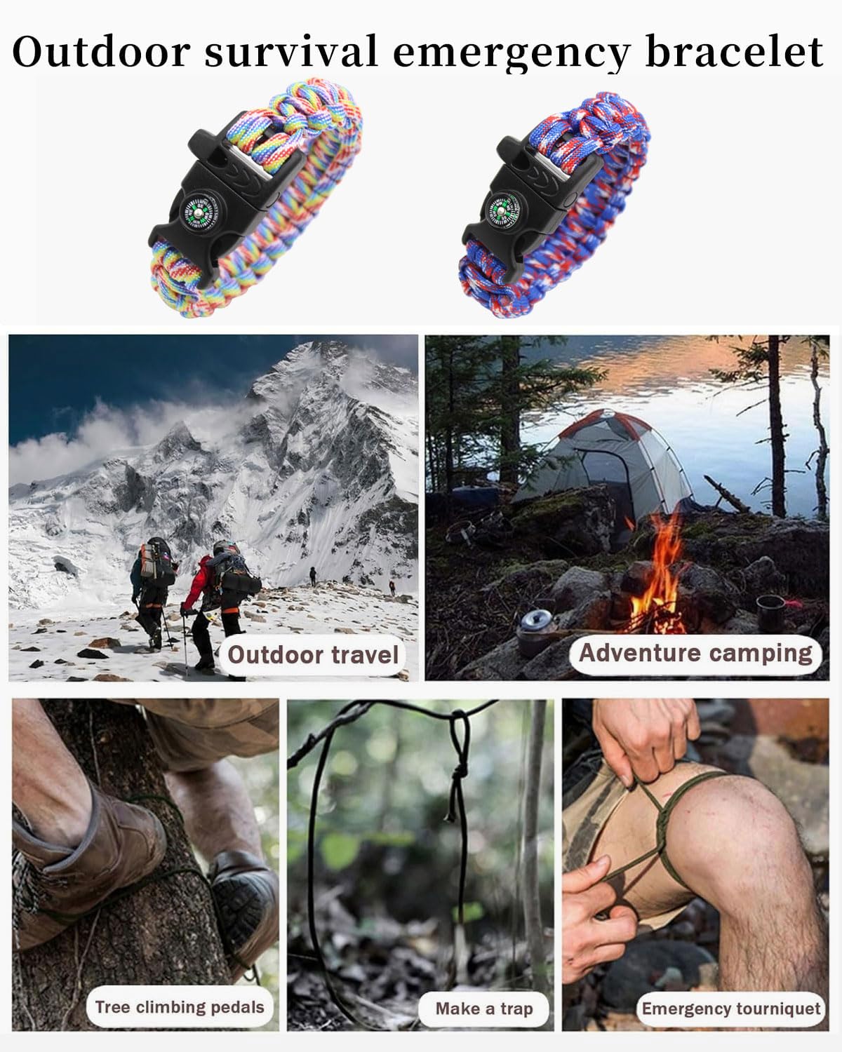 2 pezzi Bracciale in corda di paracadute intrecciata,bracciale di sopravvivenza all'aperto,bracciale in corda di paracadute multiuso,fischietto,bussola(come mostrato nella figura 2)