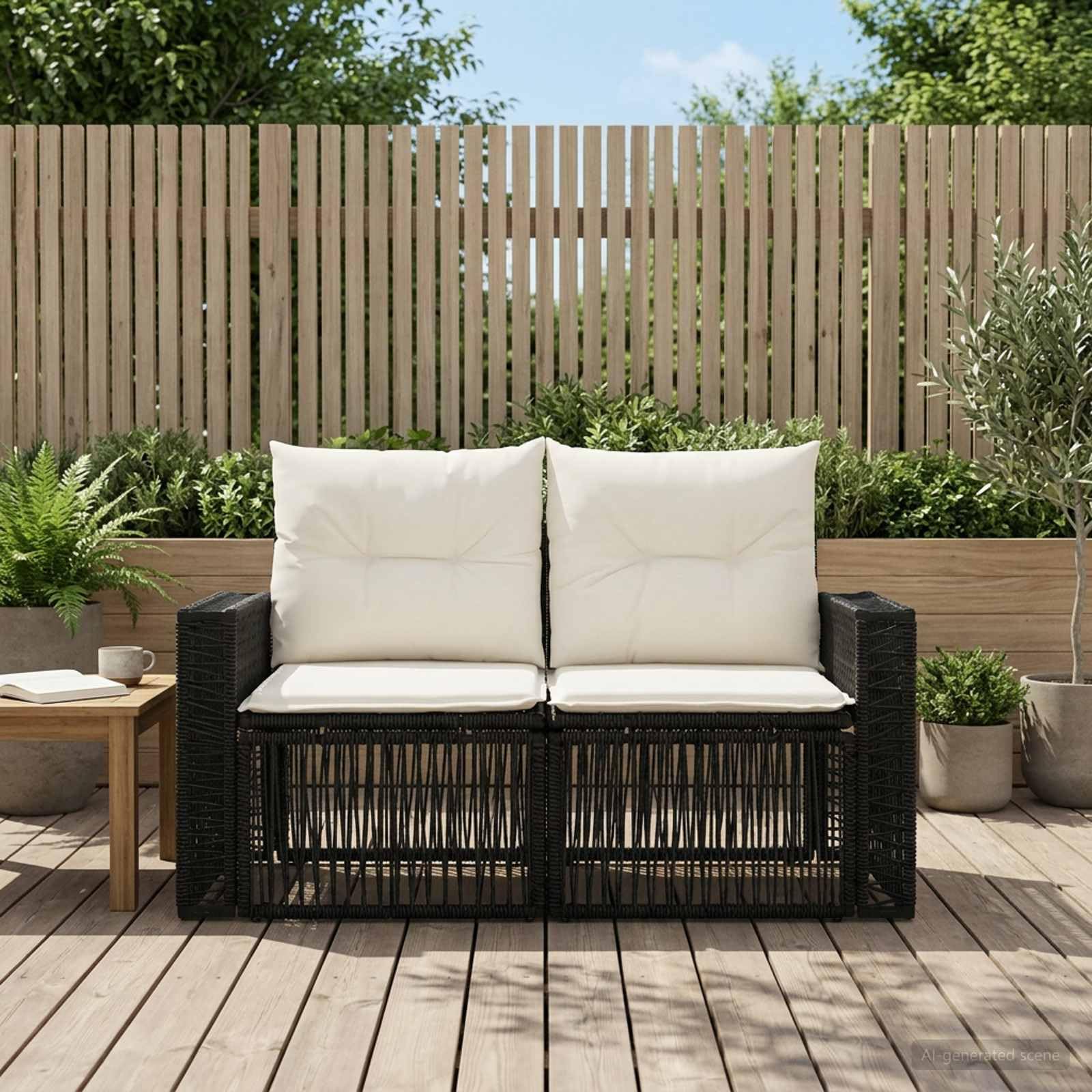 Set Divano da Giardino Modulare 2 Posti in Polyrattan Nero | Salotto modulare a 2 sedute con piedini regolabili per patio e terrazzo. Cuscini sfoderabili e lavabili inclusi.