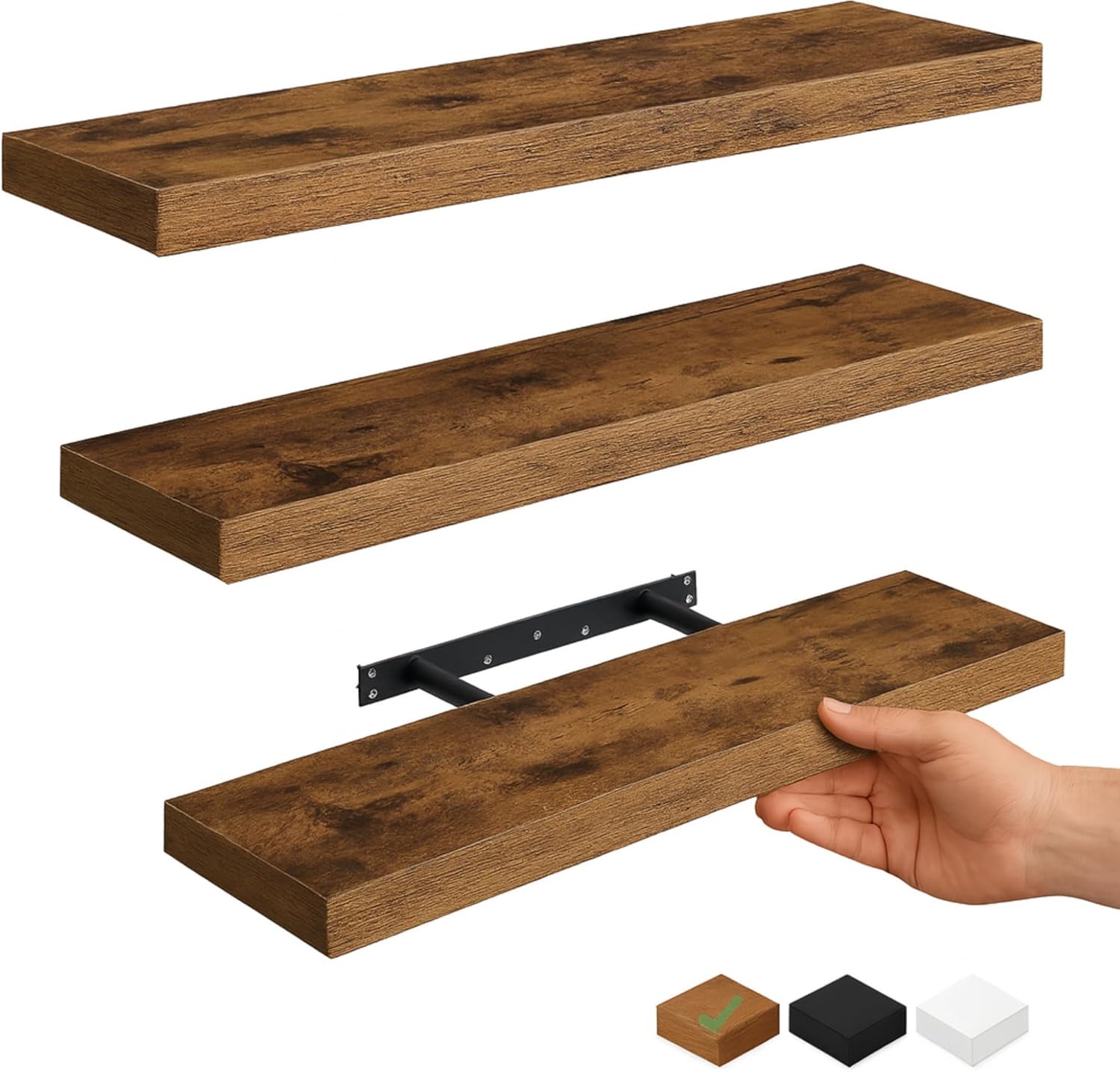 Vervida® 3 Pack Rustic Brown Floating Shelves, 24" W x 7.9" D x 1.5" H, Holds Up to 38 Lbs, for Living Room, Bedroom, Bathroom, Kitchen, Office, Storage, Display, with Invisible Brackets Wall Shelves 24x7.9 Rustic Brown