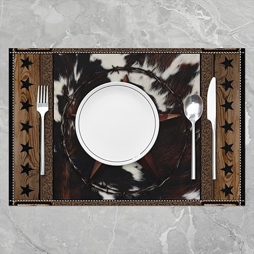 Miniatura 6 de Manteles individuales con estampado de piel de vacuno de 12 x 18 pulgadas, diseño retro de pentagrama, geométrico, lavables, fáciles de limpiar,