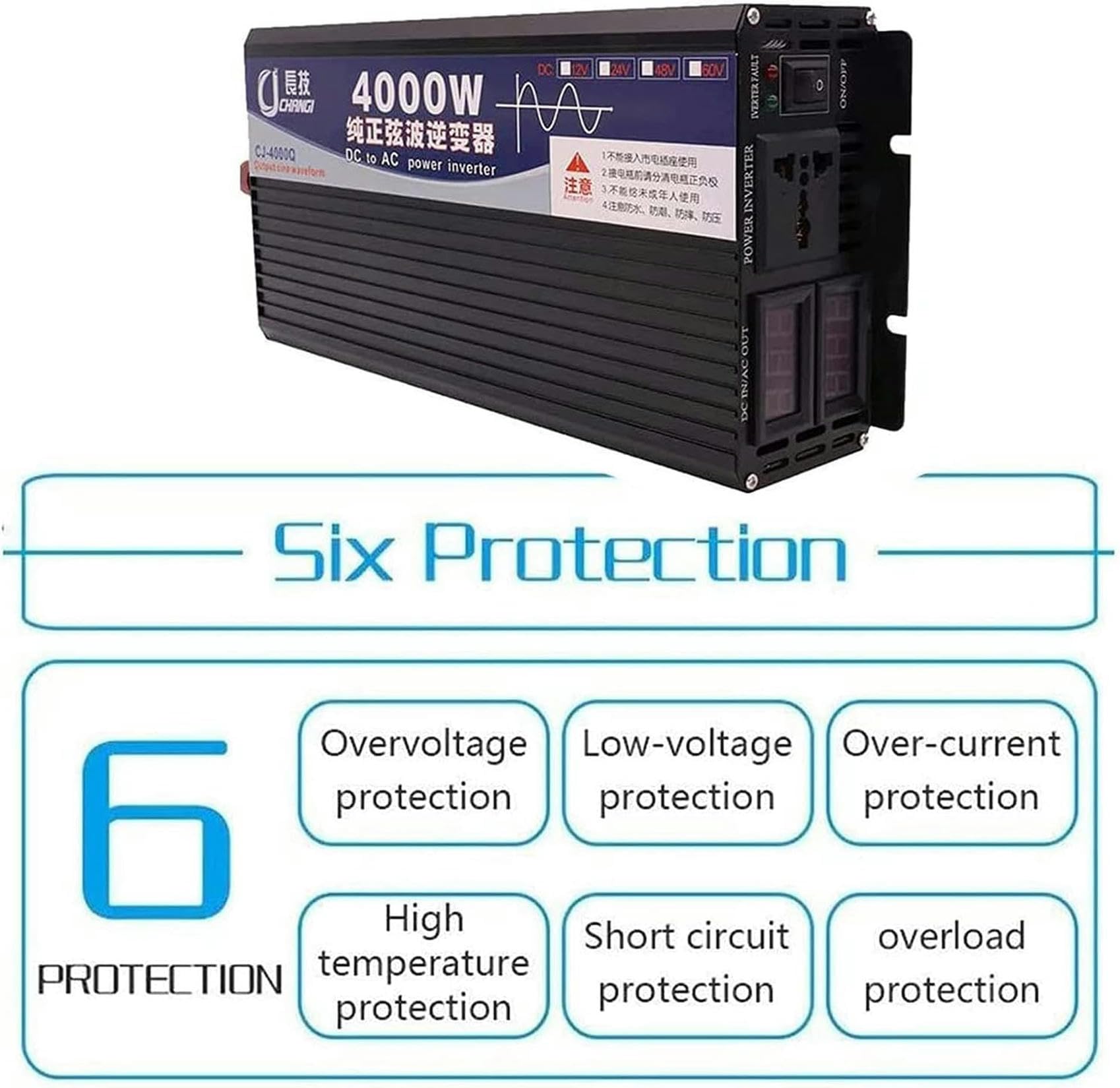 Inverter a Onda sinusoidale Pura 1000W 2000W 3000W 4000W 5000W 6000W Invertitore di Corrente DC 12V 24V a AC 220V 230V invertitore di potenza Trasformatore di tensione con ?presa AC (24V,1000W)