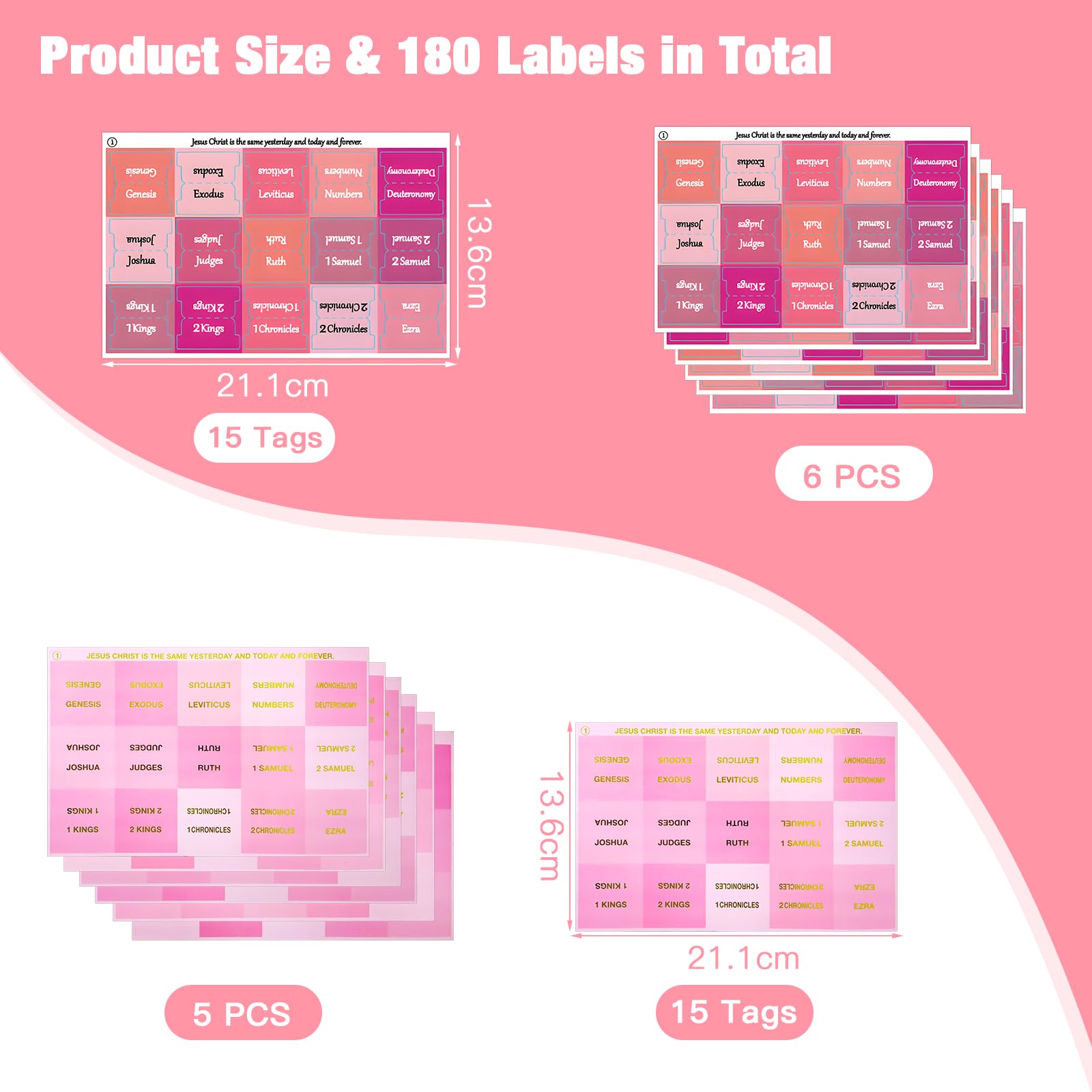 ZOCONE 180 Pcs Bible Tabs Pink for Women 132 Large Print Laminated Bible Stickers with 48 Blank Bible Tabs for Study Bible Index Tabs for Bible Study Accessories Bible Journaling Supplies - Image 2