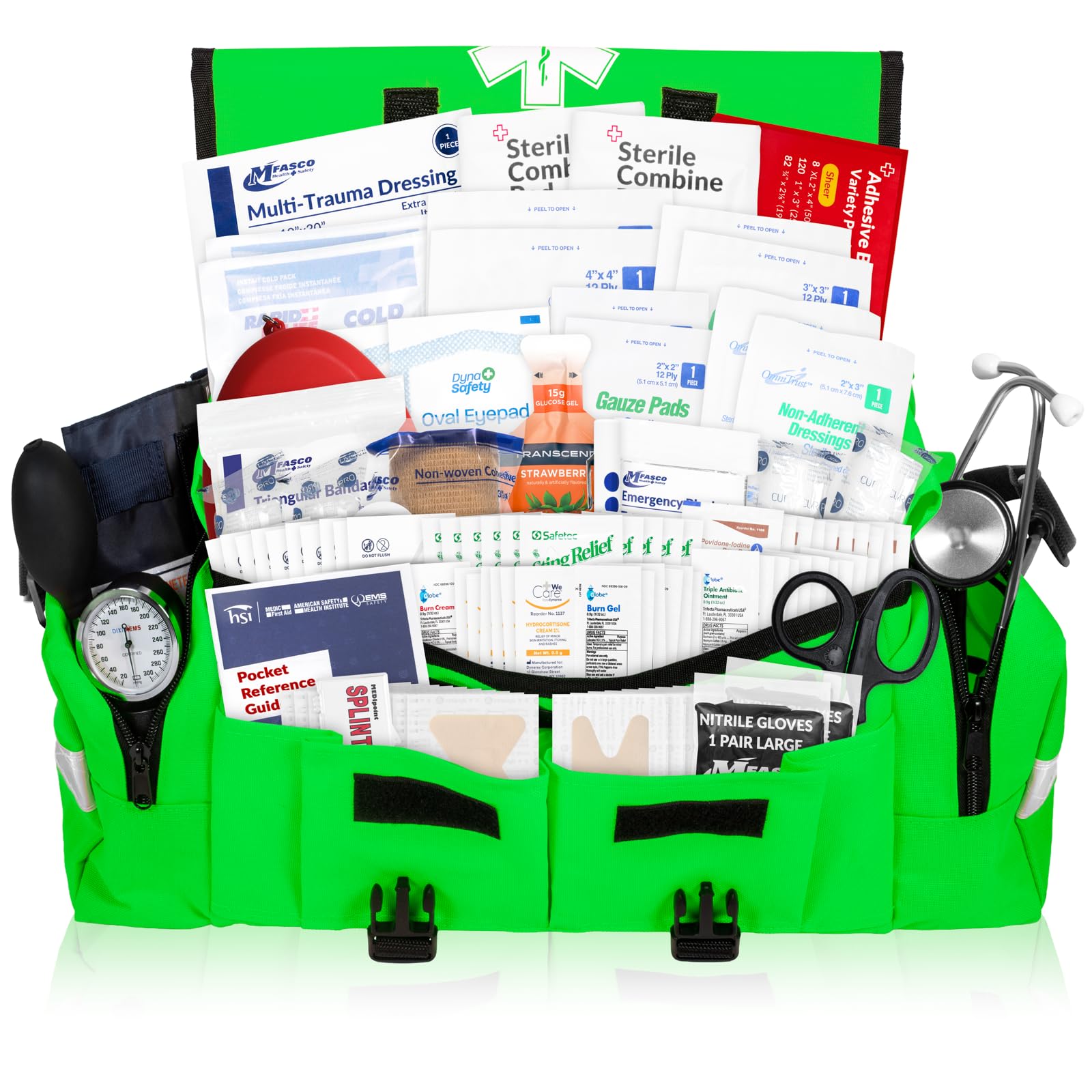 First Aid Kit - Fully Stocked Portable Reflective Bag -First Responder Emergency Response Kit-for Natural Disaster Preparedness-Customizable Storage-Includes 415 Pcs First Aid Supplies - Lime Green