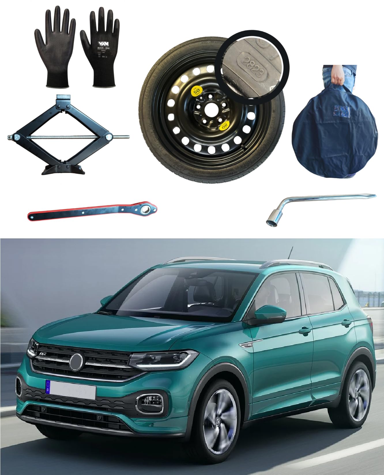 Kit de Rueda de Repuesto 18" compatible con Volkswagen T-Cross con Gato, Llave, Guantes y Funda125/70R18