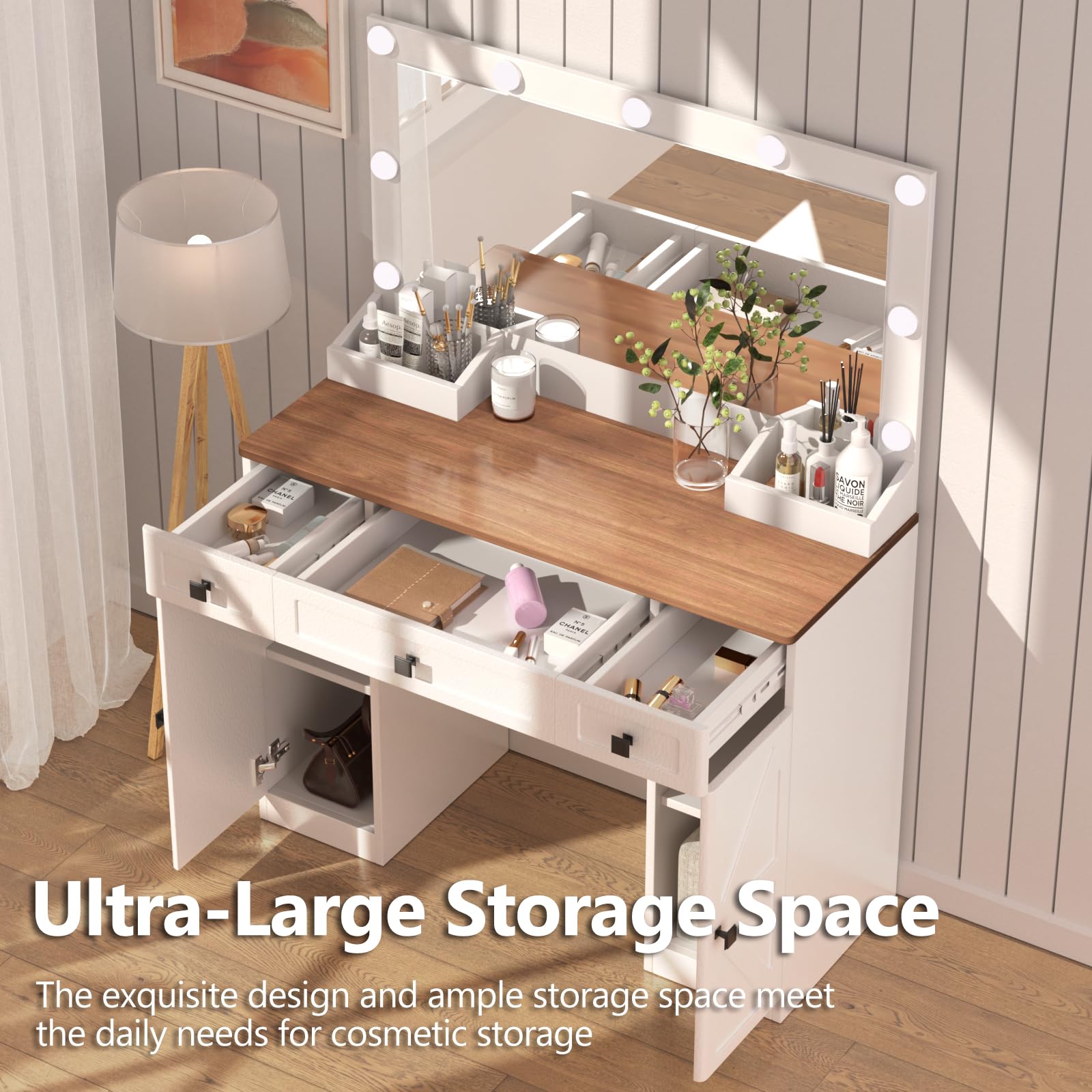 Vanity Desk with Mirror and Hollywood Lights|Large Makeup Vanity Table and Chair Set|3 Drawers|2 Cabinets|11 LED Bulbs|3 Adjustable Light Modes|Hollywood Dressing Vanity Desk Set for Bedroom White