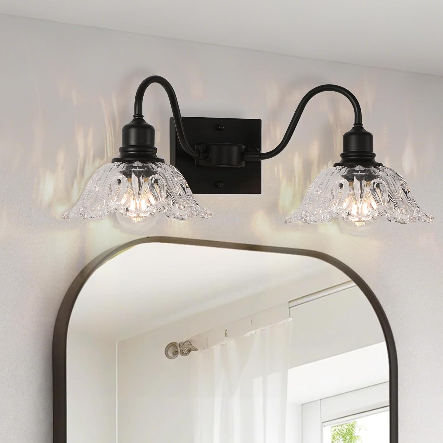 Farmhouse Bathroom Light Fixtures, 2-Light Vanity Light Fixtures with Clear Glass, Modern Wall Sconce for Bathroom Bedroom Hallway Kitchen, Black