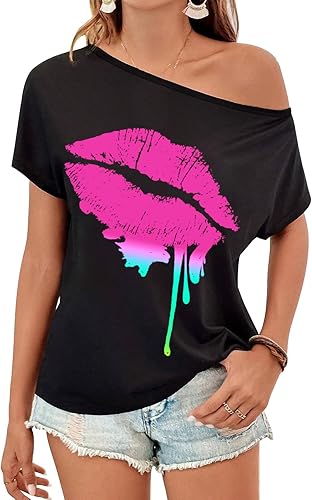 Traje de fiesta de los años 80 para mujer, ropa novedosa de neón de los años 80 con hombros descubiertos, camisetas con hombros descubiertos para