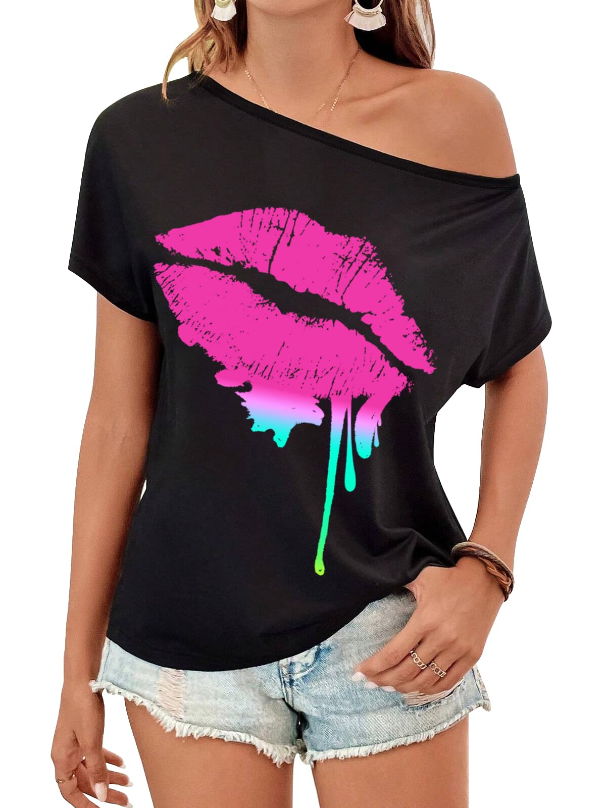 Traje de los años 80 para mujer, disfraces de fiesta, talla para mujer, ropa novedosa de neón de los años 80, camisetas con hombros descubiertos para mujer