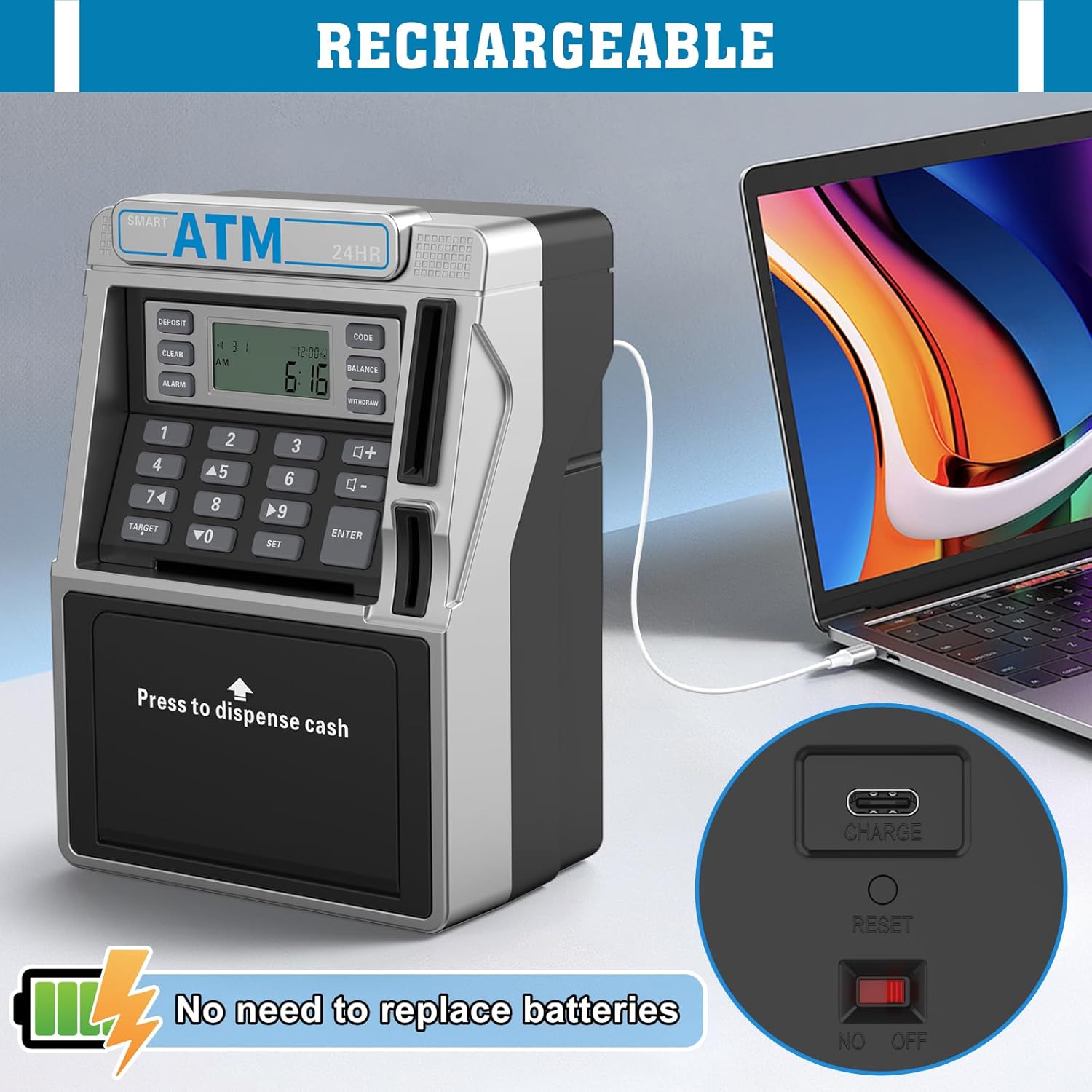 ATM Piggy Bank for Kids Rechargeable, Power-Off Memory for Real Money Safe with Debit Card, Coin Recognition,Bill Feeder,Balance Calculator, Kids ATM Machine for Boys Girls