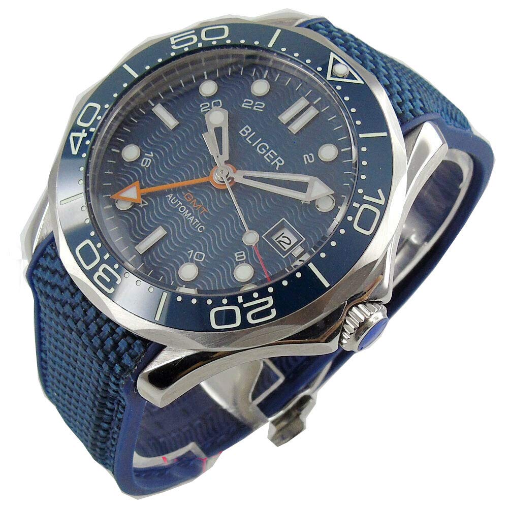 BligerLuxury Bliger 41mm Blue Dial Luminous Marks Ceramic Rotating Bezel GMT Function Automatic Movement Men's Watch