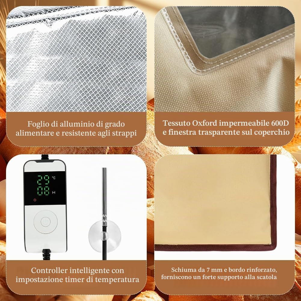 Scatola per la fermentazione del pane con lievito naturale, pieghevole, con riscaldamento e termostato, temperatura regolabile e timer, armadietto per la fermentazione con coperchio per