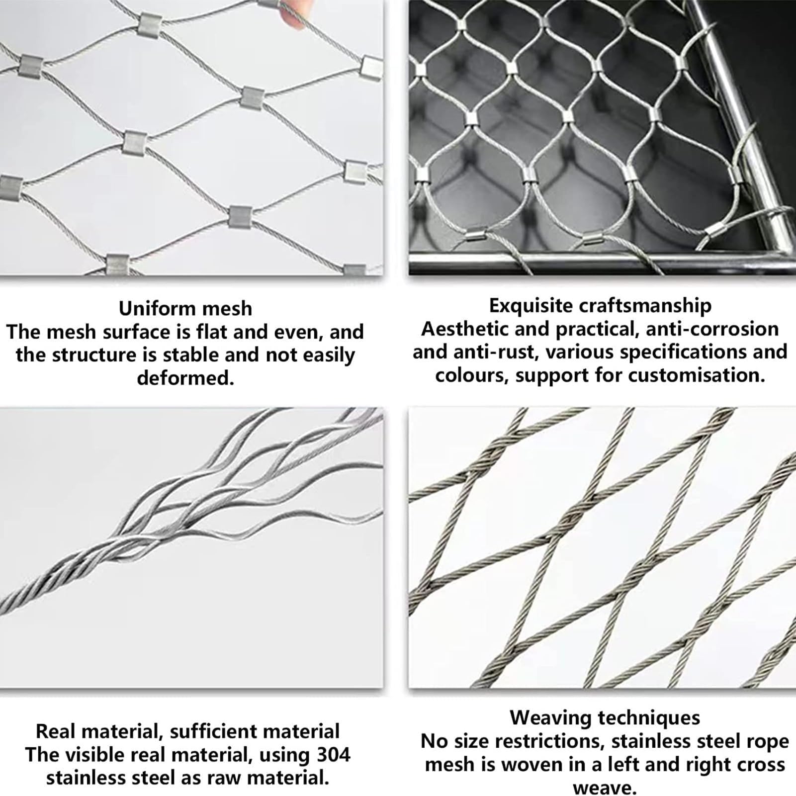 304 Malla de Cuerda de Acero Inoxidable, Malla Protector Acero | Protección de Seguridad para Balcones para Jardín, Casa, Balcón, Escalera; Alta Resistencia Tracción(2x6m)