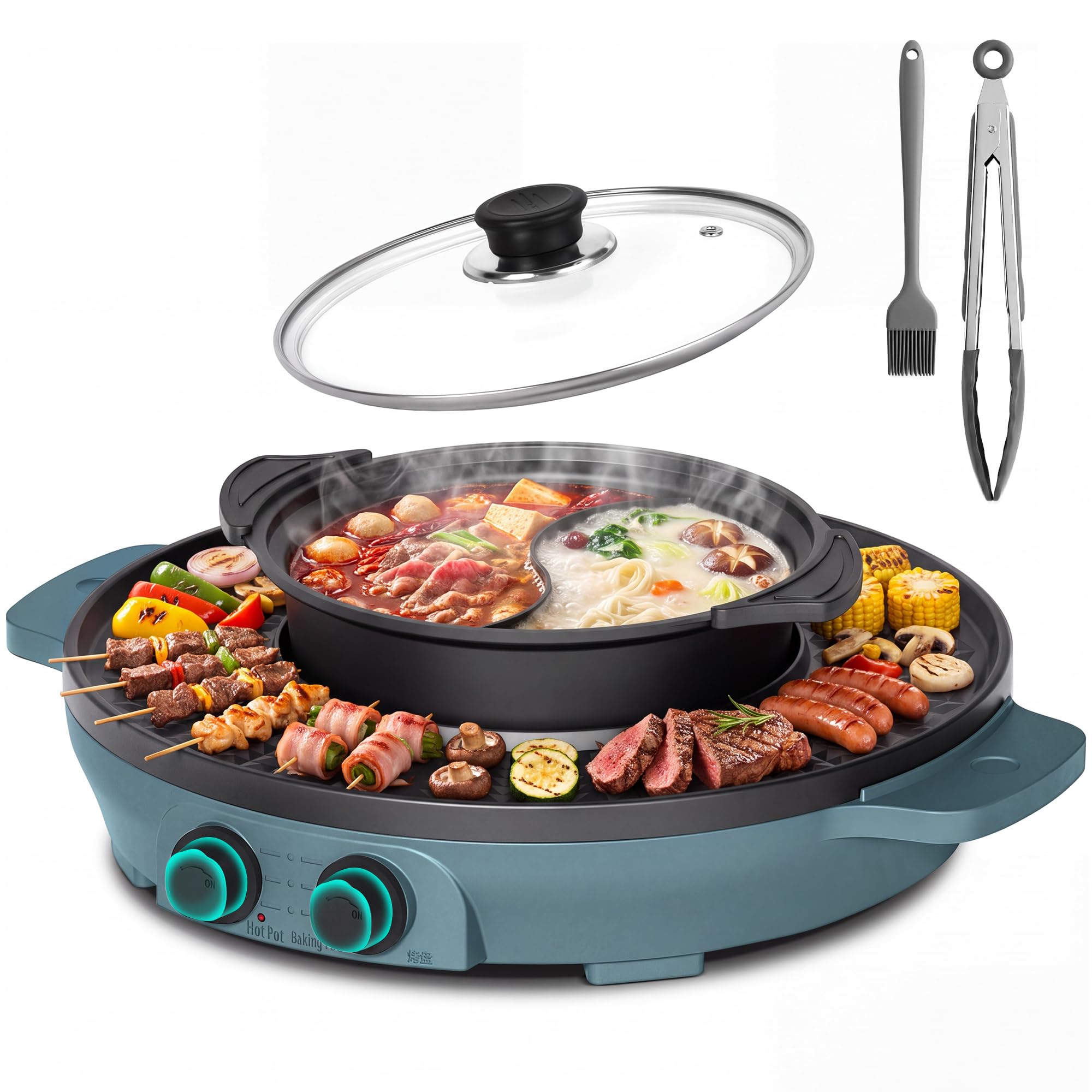 2000W Hot Pot Elektrischer, 2 in 1 Hotpot und Raclette grill für 8 Personen | Grill Hot Pot, gleichmäßige Erhitzung mit unabhängiger Temperaturregelung, leicht zu reinigen (39 cm, Hotpot abnehmbar, Blau)