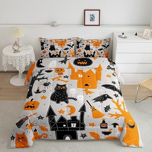 Erosebridal Ropa de cama de gato negro tamaño matrimonial, juego de edredón de Halloween para adolescentes y adultos, relleno de edredón de dibujos