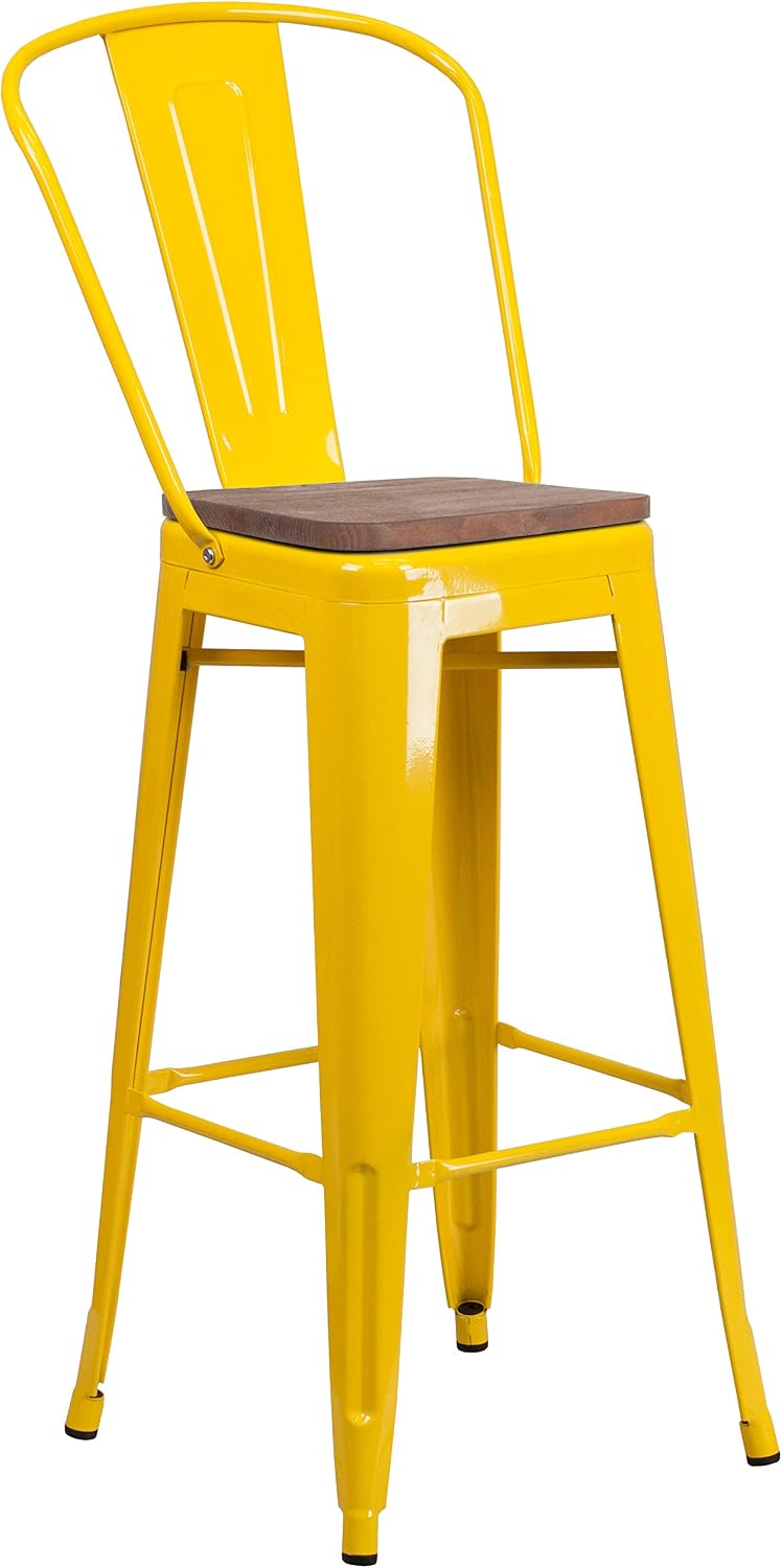 Taylor + Logan 24 Inch High Metal Counter Height Stool with Back and Wood Seat, Yellow