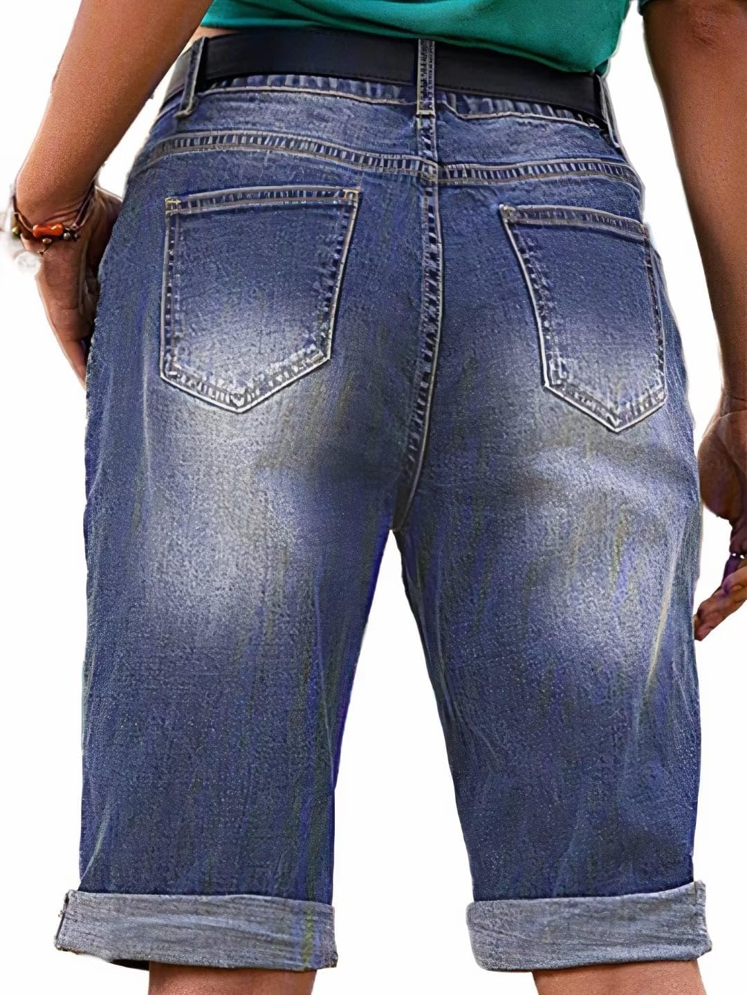 Flamingals Women's Ripped Rolled Hem Denim Bermuda Shorts Without Belt Mid Waist Casual Shorts - Image 3