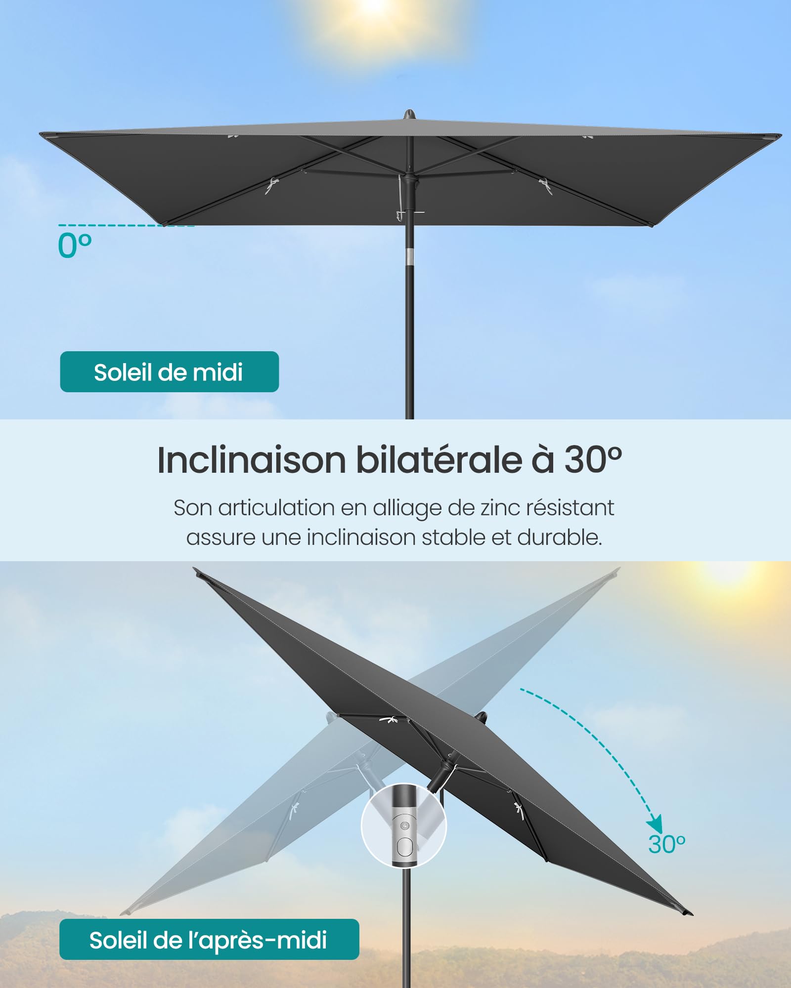 SONGMICS Parasol de balcon, parasol de jardin rectangulaire, UPF 50+, pliable, parasol de terrasse, extérieur, jardin, terrasse, plage, sac de transport, sans support