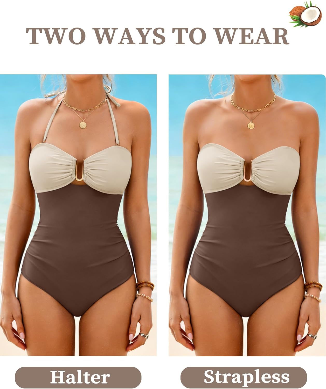 Jolefille One Piece Swimsuit Women Tummy Control Bathing Suit Bandeau Strapless Swim Suits Lace Up Slimming Halter Shapewear