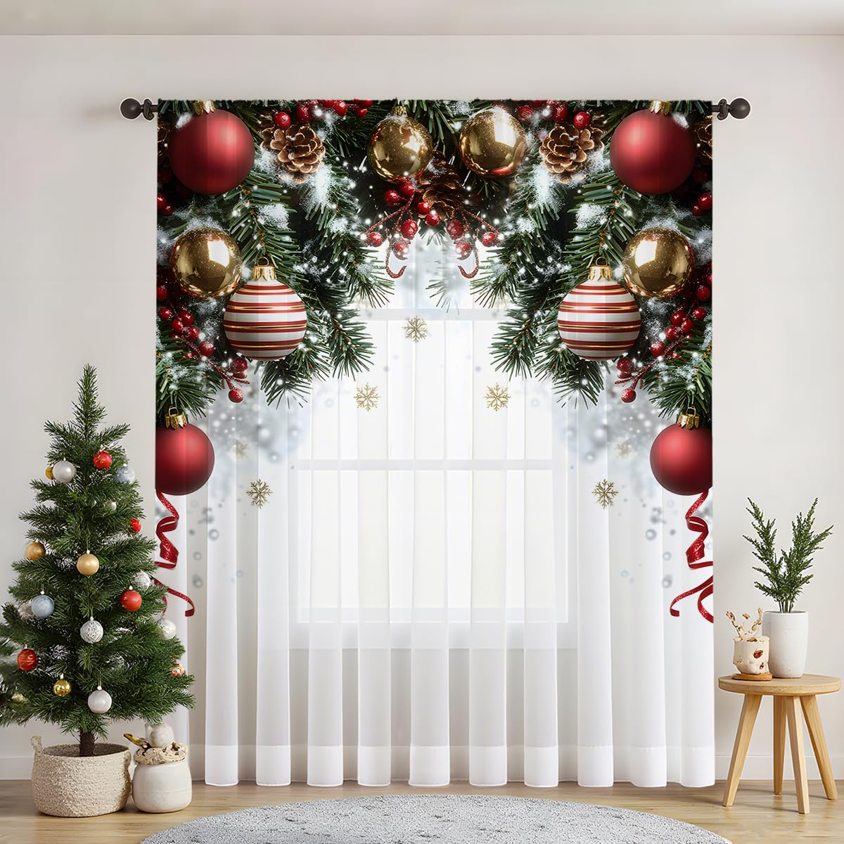 Odot Lot de 2 Rideaux Voilage Noël Semi-Transparent à Passe Tringle, 3D Aiguilles de Pin Boules de Noël Imprimé Rideaux Voilage Décoration de Maison Chambre Cuisine Salon (Couleur 6,132x241cm)