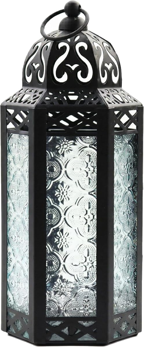 Vela Lanterns Portavelas decorativo marroquí para interiores, transparente, M | Linterna de Ramadán, lámpara vintage turca, soporte de pilar de huracán victoriano, decoración votiva de luz de té, colgante, 10,5 pulgadas de alto