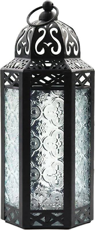 Vela Lanterns Portavelas decorativo marroquí para interiores, transparente, M | Linterna de Ramadán, lámpara vintage turca, soporte de pilar de huracán victoriano, decoración votiva de luz de té, colgante, 10,5 pulgadas de alto