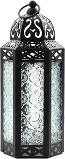 Vela Lanterns Portavelas decorativo marroquí para interiores, transparente, M | Linterna de Ramadán, lámpara vintage turca, soporte de pilar de huracán victoriano, decoración votiva de luz de té, colgante, 10,5 pulgadas de alto