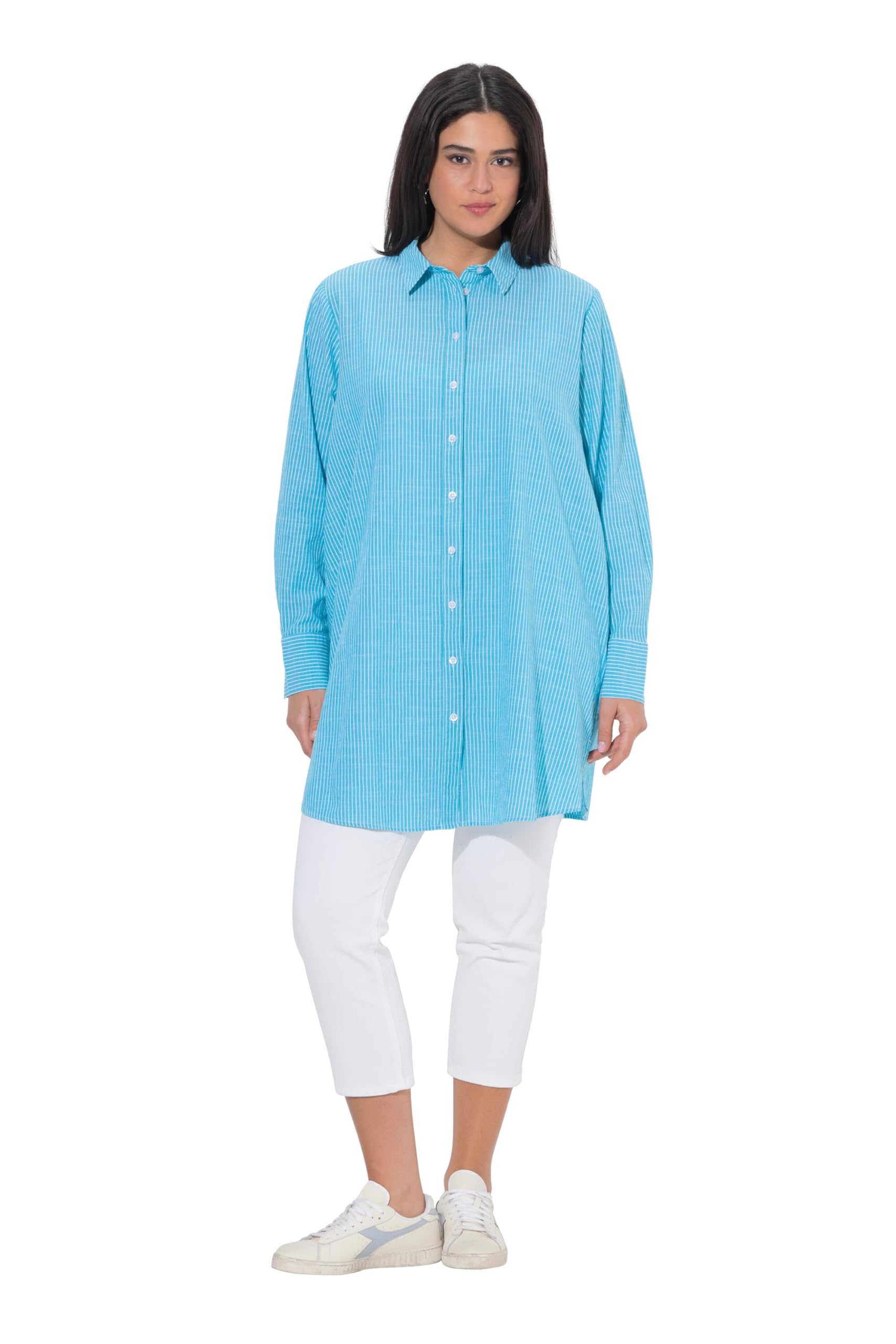 Ulla Popken Damen große Größen Übergrößen Plus Size Longbluse, Streifen, A-Linie, Hemdkragen, Langarm 829046