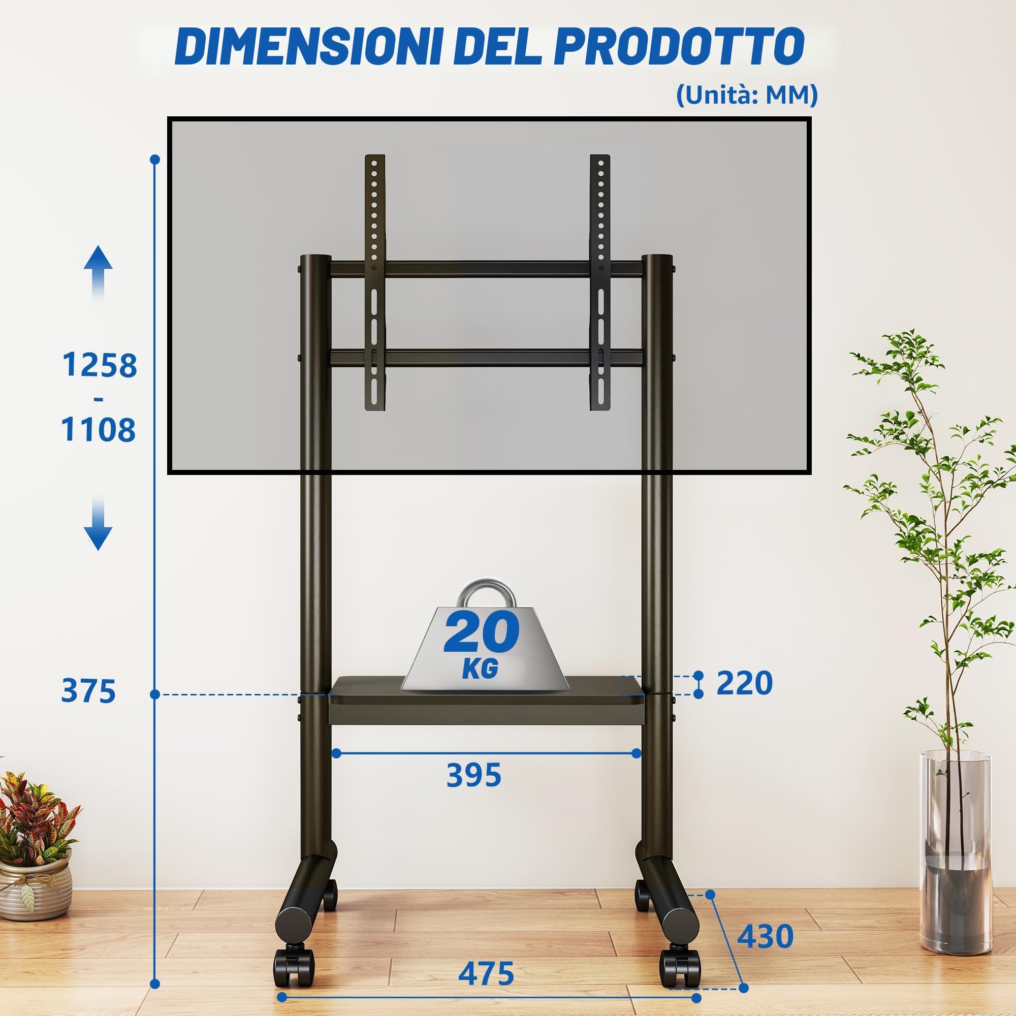 5Rcom Supporto TV Mobile - Carrello Regolabile con Ruote per TV 32-70 Pollici, fino a 50 kg, con Ripiano (LCD/LED/OLED)