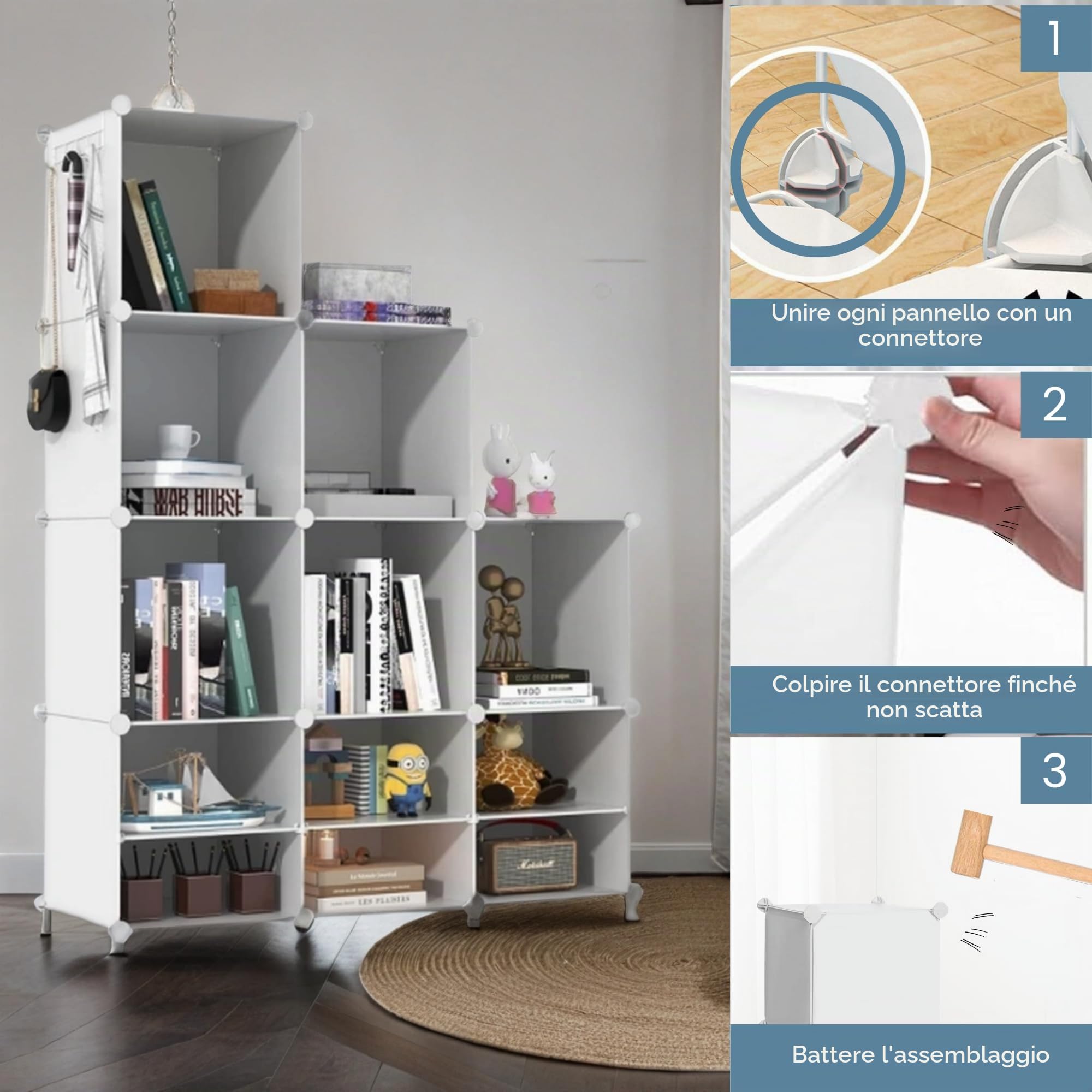 Scaffale Modulare con 9 Scomparti, Scaffali Modulare in Plastica, Scaffale con Moduli, Cubo Portaoggetti, Libreria in Plastica, per Scarpe, Vestiti, Libri, Montaggio Facile, Armadio, Bianco.