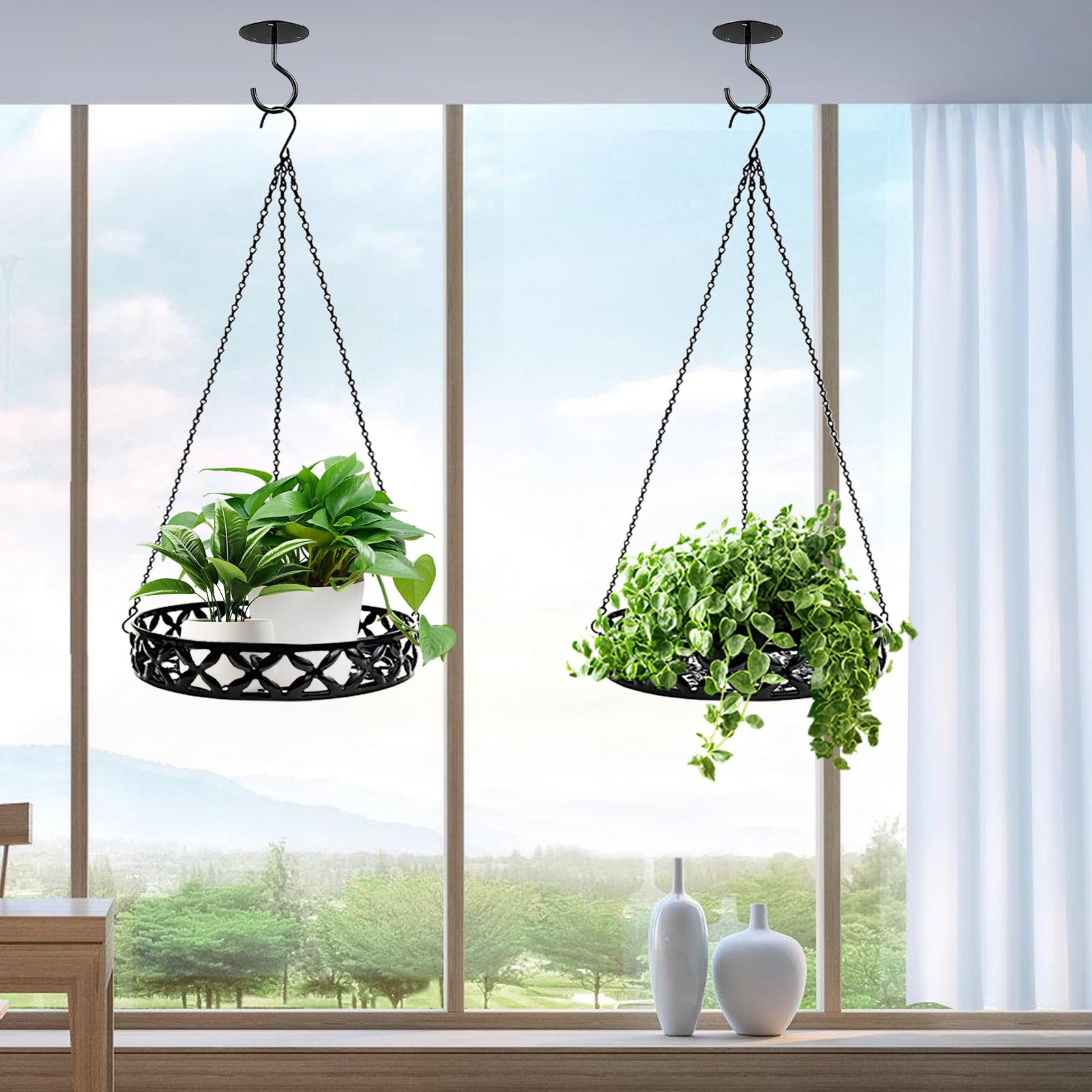 Jardinières Suspendues En Métal Noir,Panier De Fleurs À Suspendre En Métal Avec Crochet De Plafond,Chaîne De Suspension,Pots De Fleurs À Suspendre,Pot De Décoration A Suspendre Pour Plantes(22Cm,25Cm)