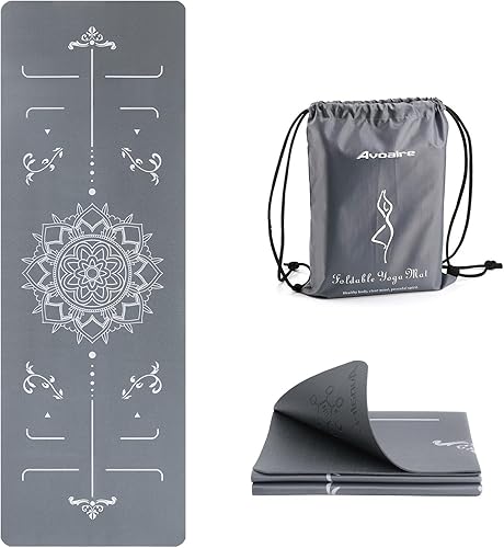 Avoalre Folding Yoga Mat - Eco-Friendly Travel Yoga Mat Packable - Double Sided Non-Slip Printed Yoga Mats with Bag for Home Workout Gym Exercise
