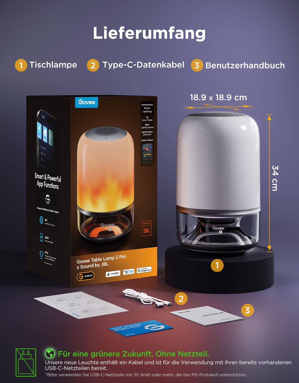 Govee Tischlampe 2 Pro x Sound von JBL, LED Tischlampe mit Lautsprecher | Musik-Licht-Sync,16 Musik,100+ Szenenmodi,Matter-kompatibel,Kompatibel mit Alexa/Matter-Sprachsteuerung,Tragbar und kabellos