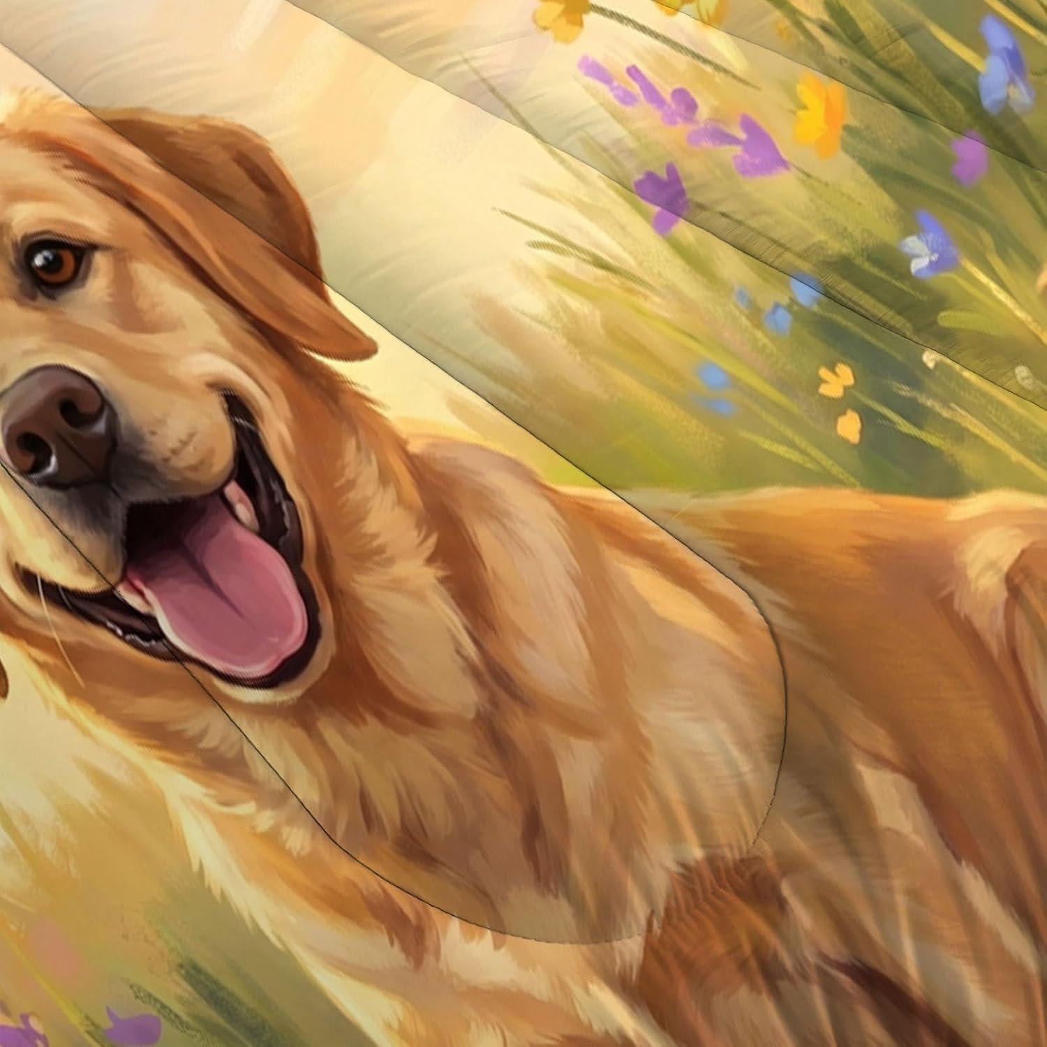 Rural Countryside Comforter Set King Size, Garden Golden Retriever Bedding Set for Girls Boys, Yellow Quilt Bed 104"X90" Bedding Comforter Sets with 2 Pillowcase Room Decor
