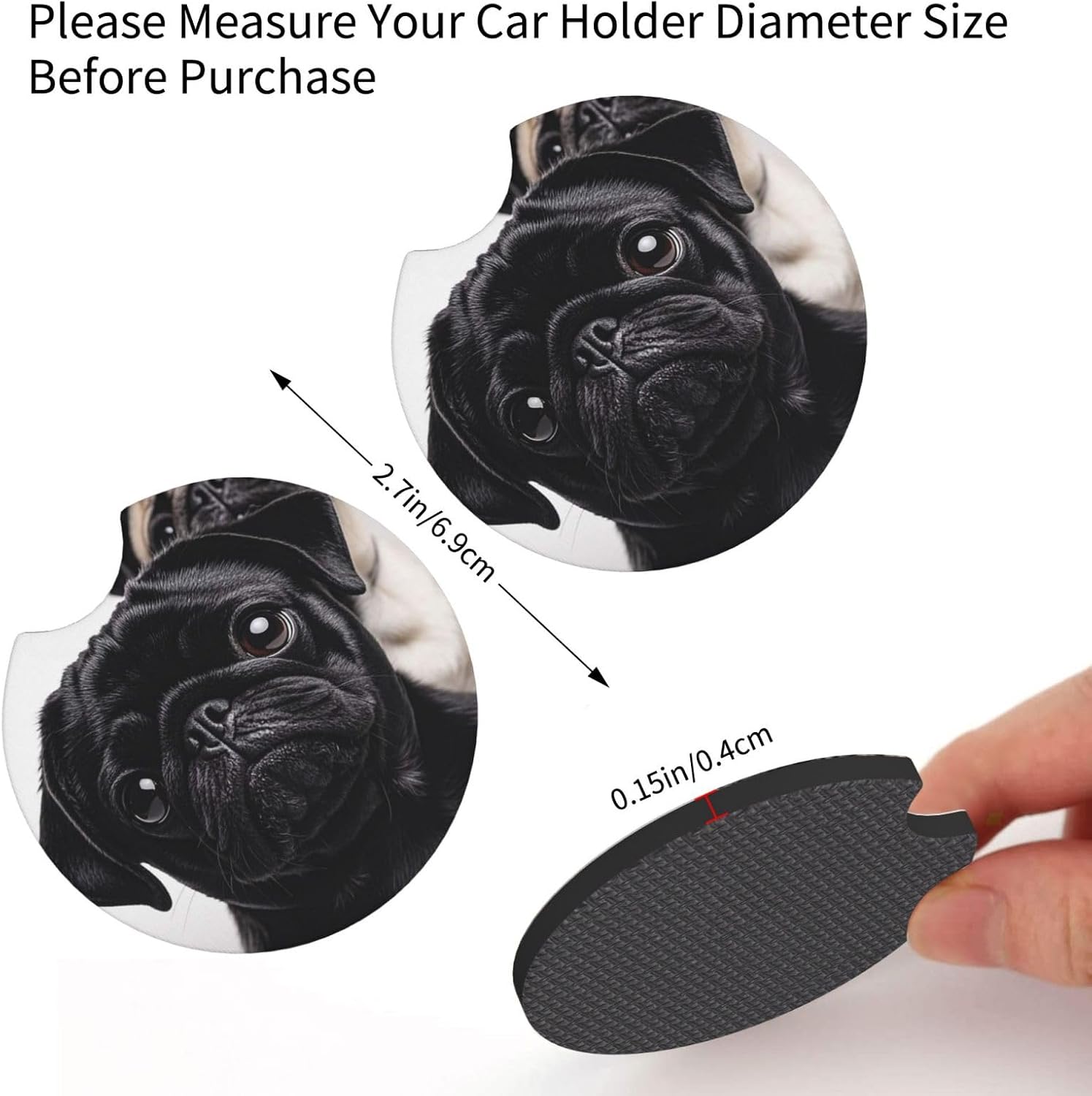 Cute Black Pug Dog Car Coaster for Cup Holders, 2 Pack Absorbent Auto Cup Pads Non-Slip Insert Car Cup Coaster for Women Men, Universal Size 2.7 in with Finger Notch image 3
