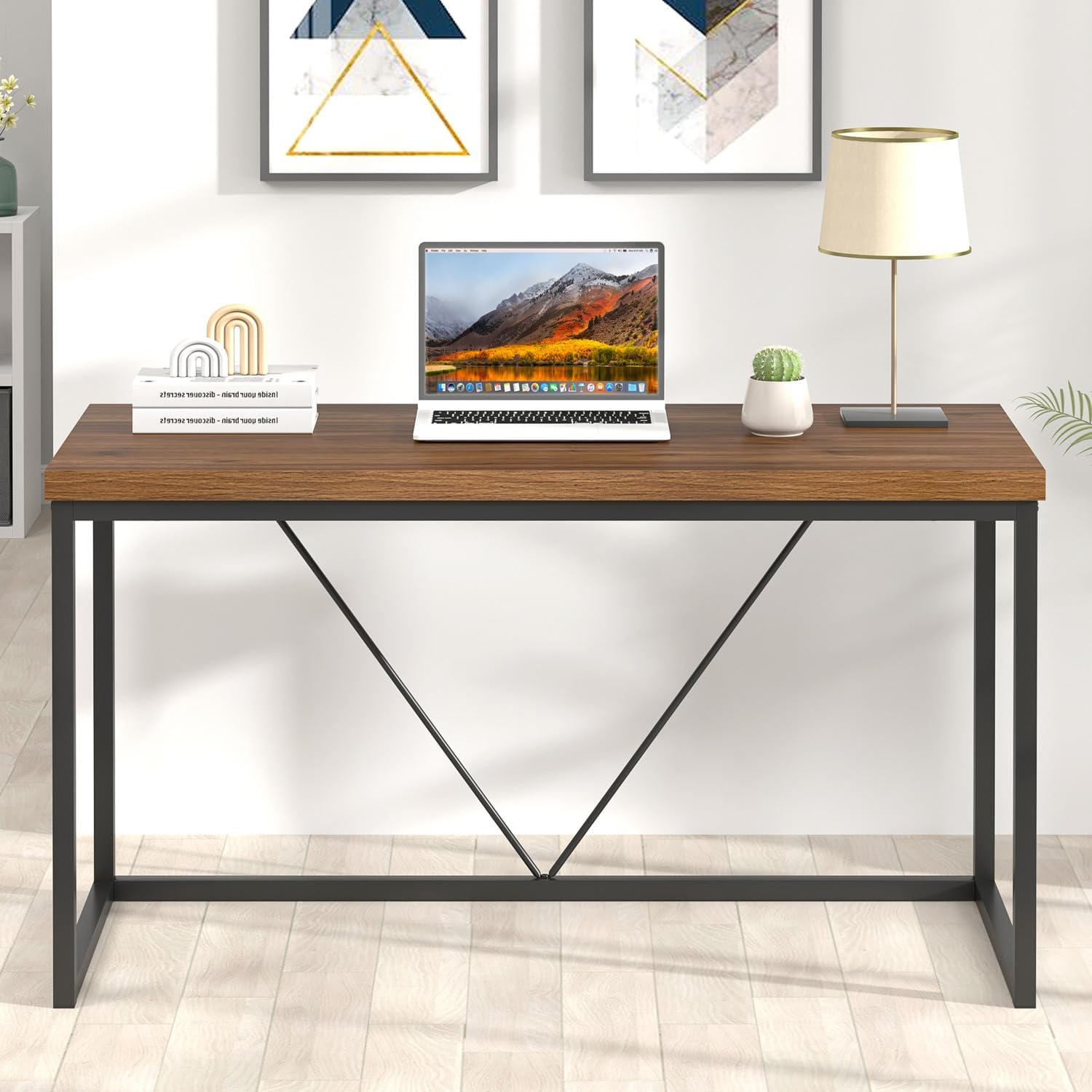 FOLUBAN Modern Computer Desk, Rustic Wood and Metal Study Writing Table, Simple Work Gaming PC Desk for Home Office, Walnut 53 Inch