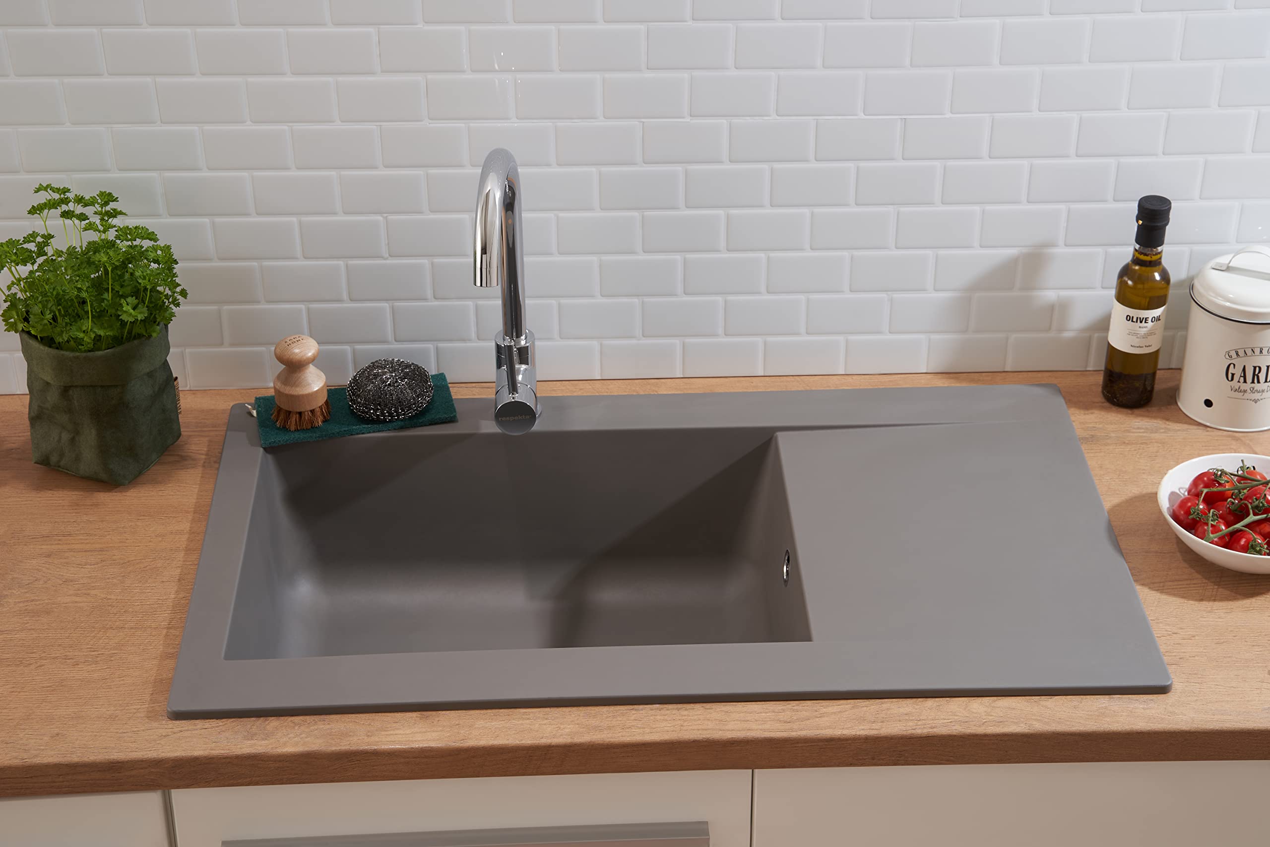 Respekta fregadero de cocina Denver de mineralita en gris cemento/Fregadero empotrable de 1 cubeta en 86 x 50 cm/Lavabo adecuado para armarios inferiores de 60 cm de ancho
