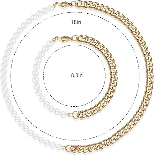 Vista 7 de Juego de collar de perlas de cadena cubana de acero inoxidable de oro de 18 quilates para hombres y mujeres, juego de regalo de media cadena