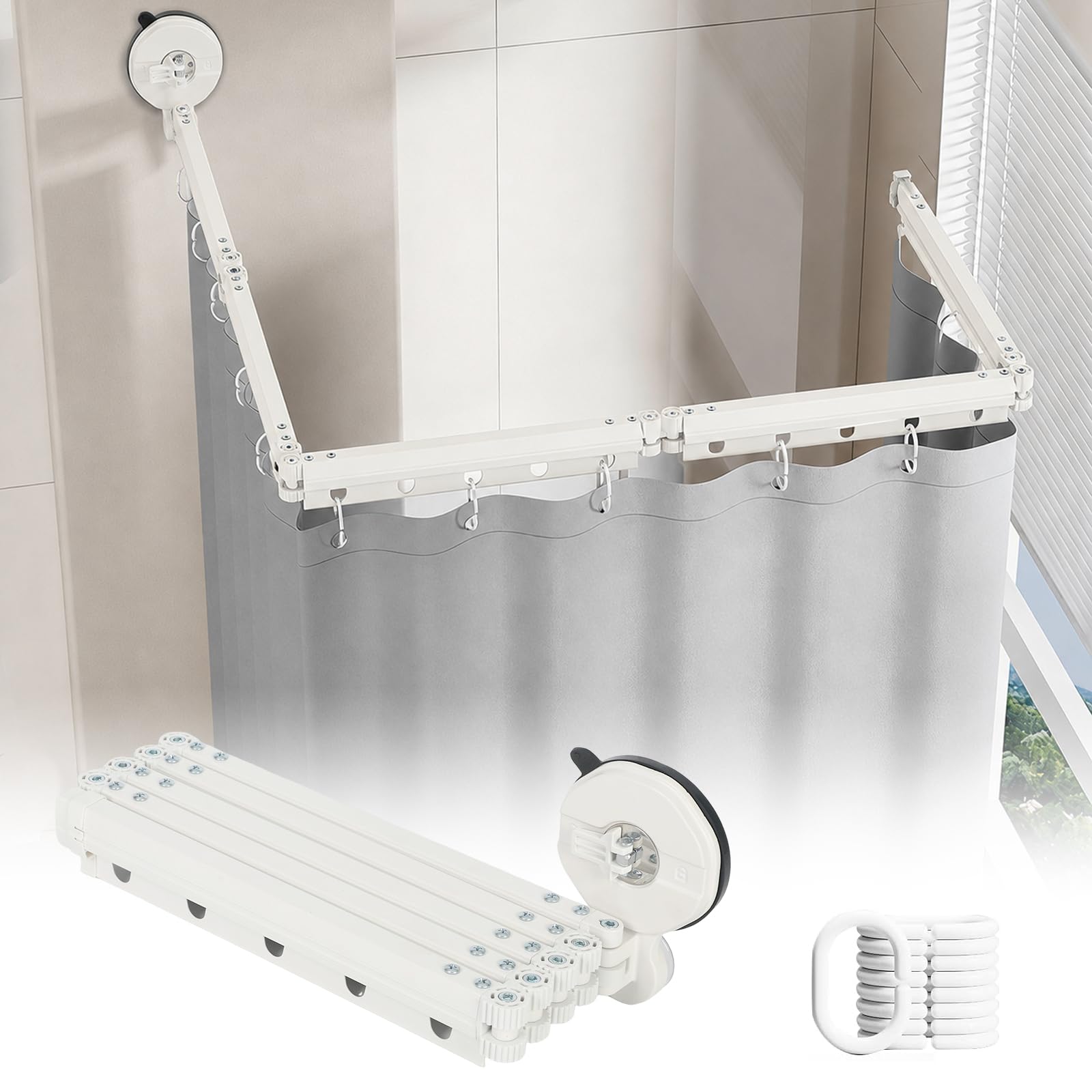 Tringle à rideau de douche sans perçage avec rideau de douche, pliable, double ventouse